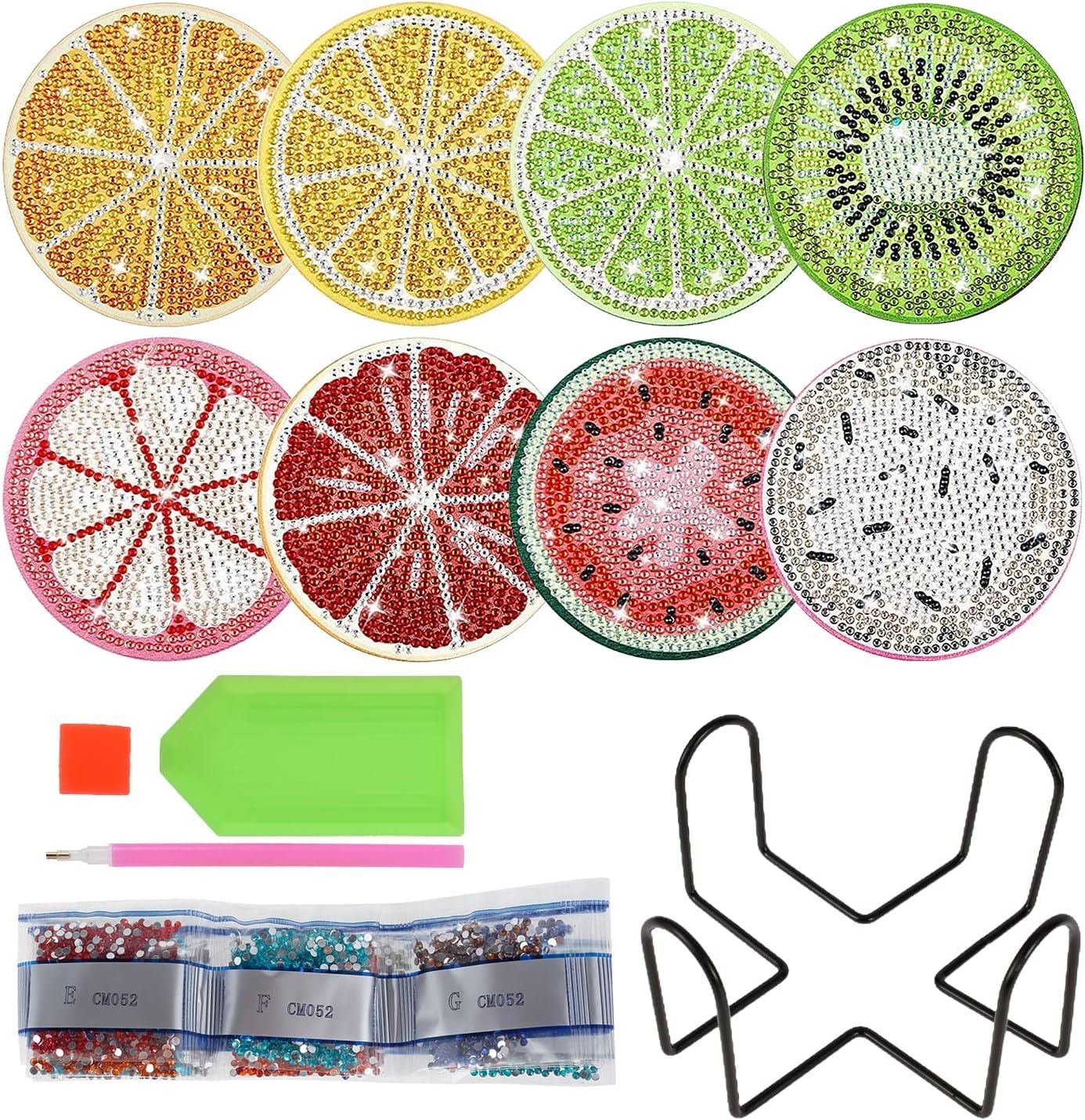 13Pcs Coasters Kit, Decorative Fruit Pattern Diamond Art Coasters Kits with Holder, Round Non Slip Small Tabletop Protection DIY Coater Craft for Table Office Decor and Gift