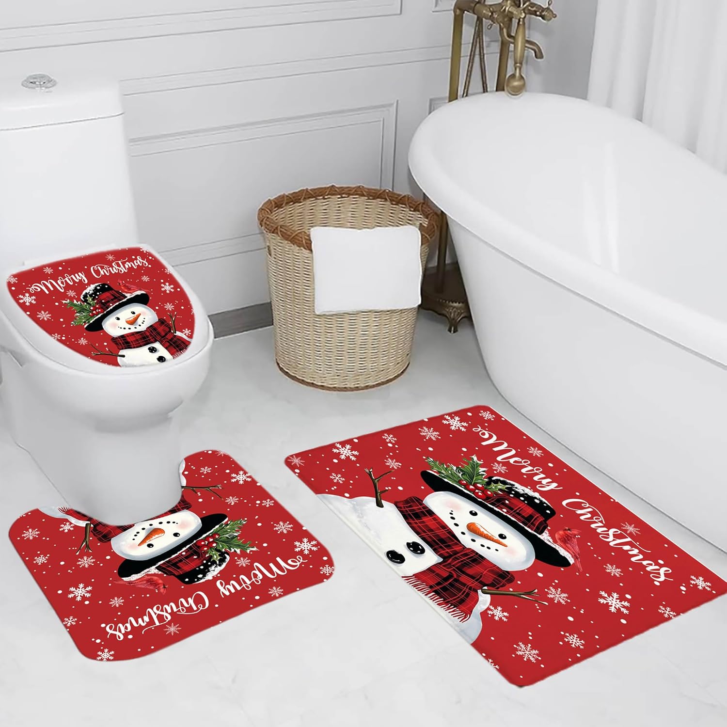 4 Pcs Red Christmas Snowman Shower Curtain Bathroom Set Winter White Snowflake on Red Shower Curtain and Bathroom Rugs Toilet Seat Bath Mat Xmas Holiday Decor, 72X72 inch