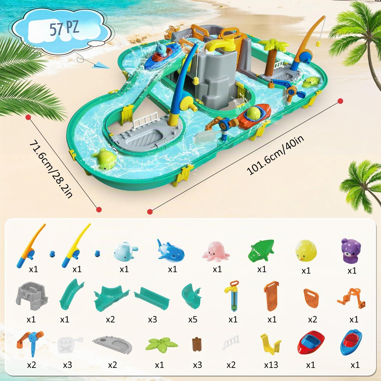 JONRRYIN Tavolo Sabbia e Acqua, Giocattolo Sabbia e Acqua per Bambini, Tavolo d'attività d'Acqua, Tavolo da Gioco per Sabbia e Acqua con 2 Barche per Bambini Gioco Spiaggia (57 PCS)