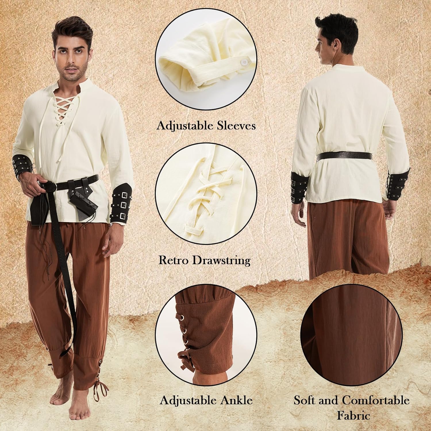 7 Pcs Men's Renaissance Costume Medieval Pirate Shirt Ankle Banded Pants Viking Costume Accessories Set - Image 4