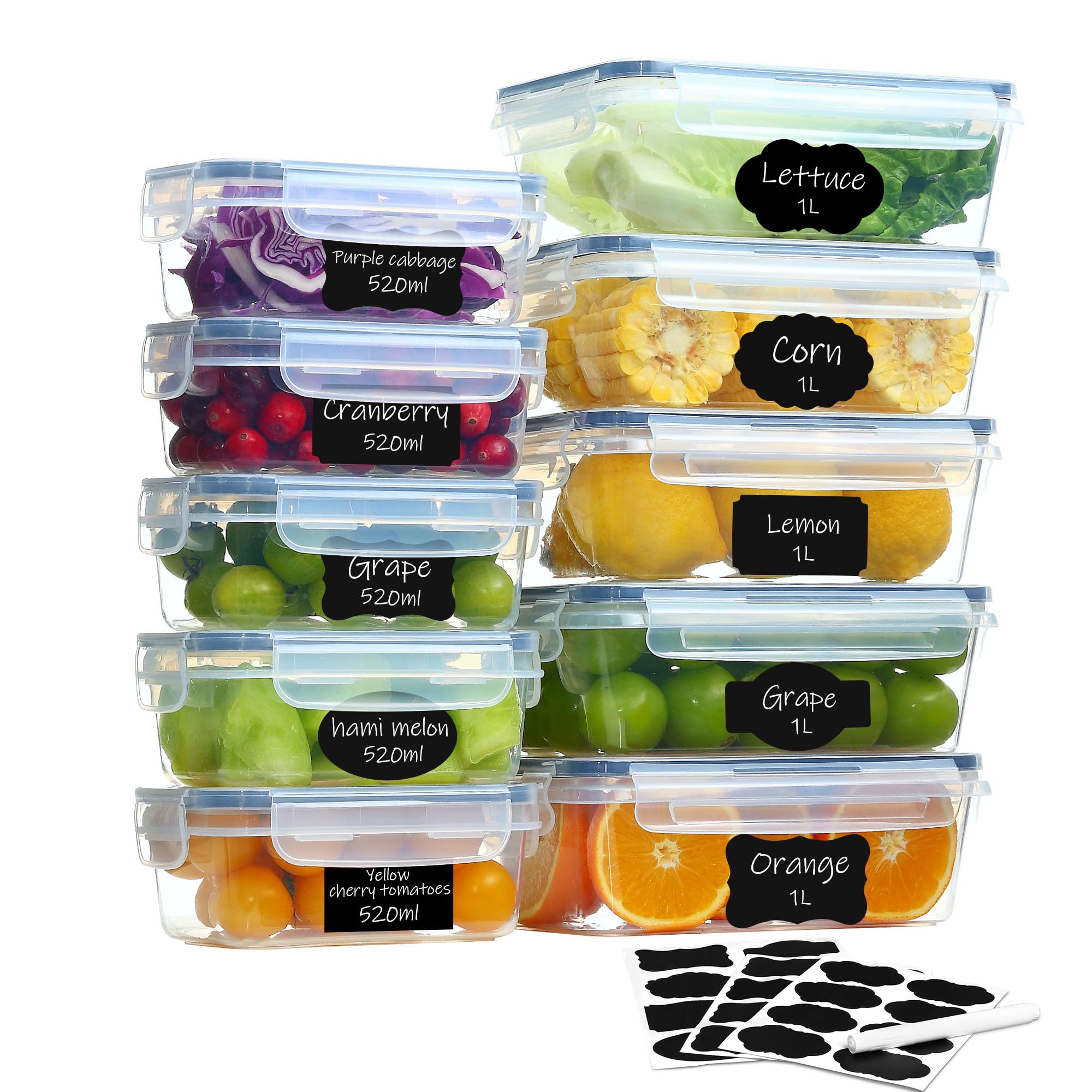 Goldeluxe 10 Food Storage Containers with Lids (5 x 1 L + 5 x 520 ml), Freezer Containers & Meal Prep Boxes, BPA-Free, Airtight, Stackable - Kitchen & Food Box