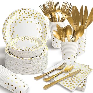 AIRE 175PCS White & Gold Paper Plates Party Pack for 25 Guests - Disposable Plates, Cups, Napkins & Cutlery for Weddings, Birthdays