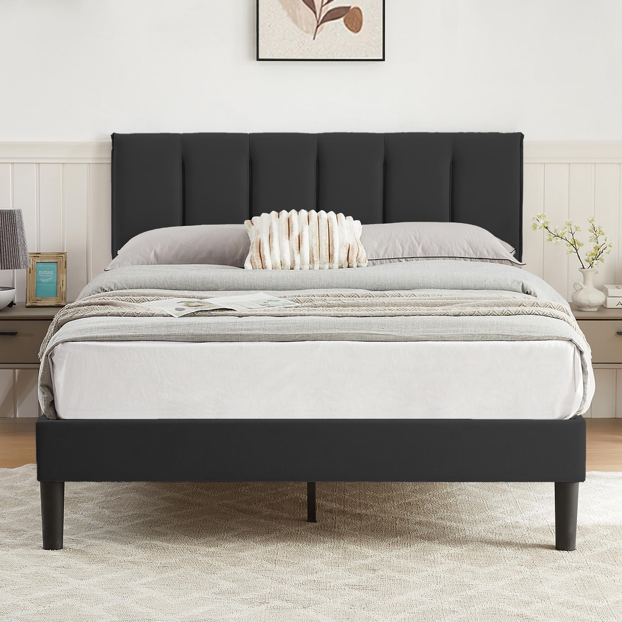 VECELO Full Bed Frame with Upholstered Headboard, Heavy-Duty Platform Bedframe with Strong Wooden Slats Support, No Boxing Spring Needed, Black