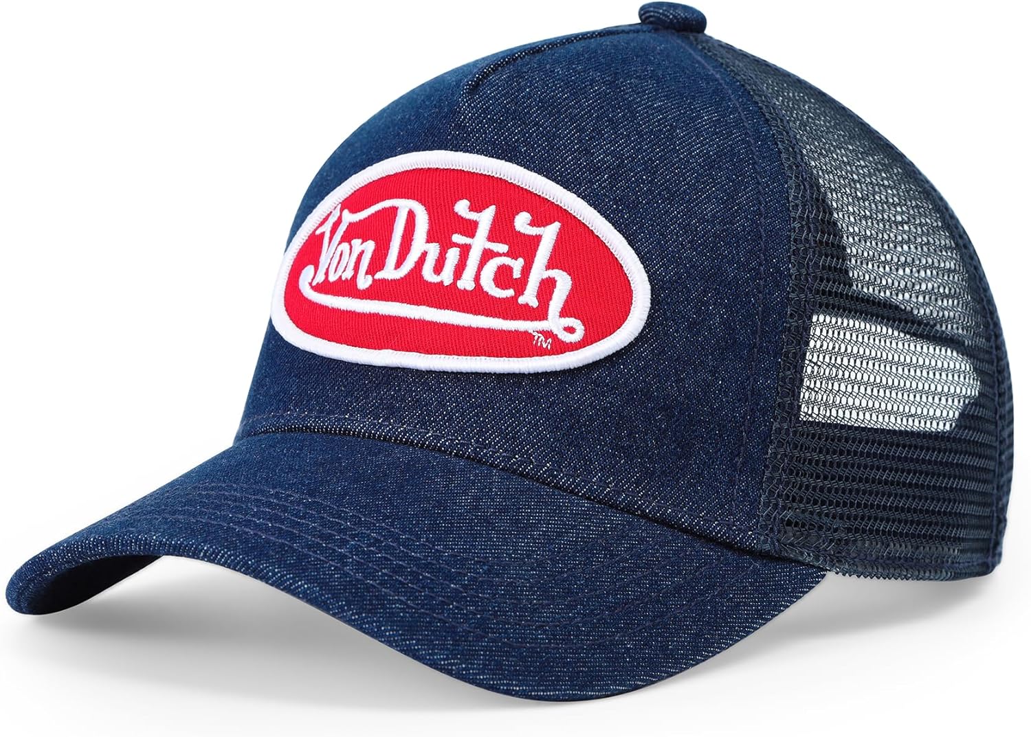 Von Dutch Kids Denim Trucker Hat | Adjustable Mesh Snapback with Logo Patch & Breathable Back | One Size Fits Most