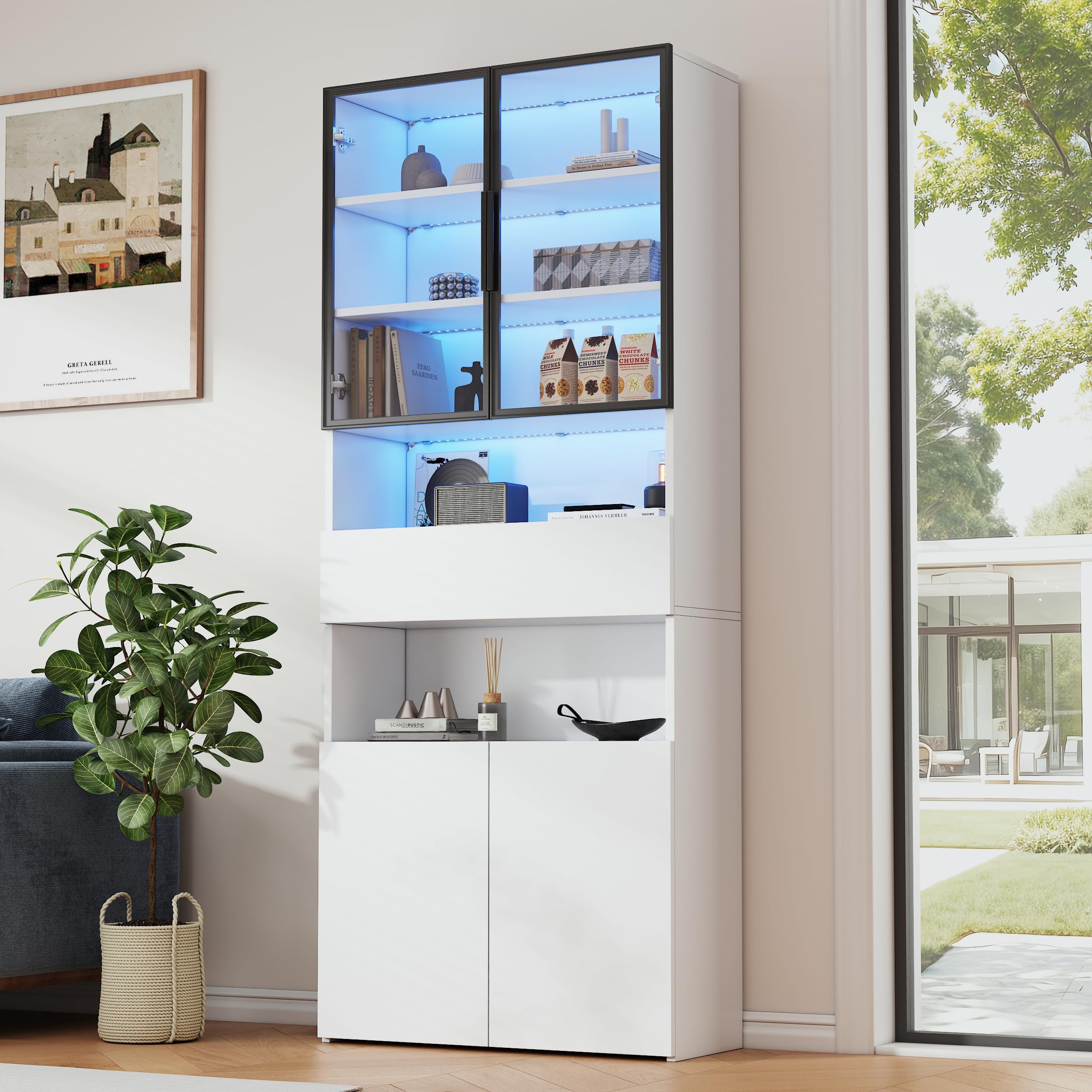 Vitrina de 70 x 30 x 200 cm, con cajones y armarios, armario alto con plataforma de almacenamiento abierta, estantería para libros, vitrina de pie, color blanco
