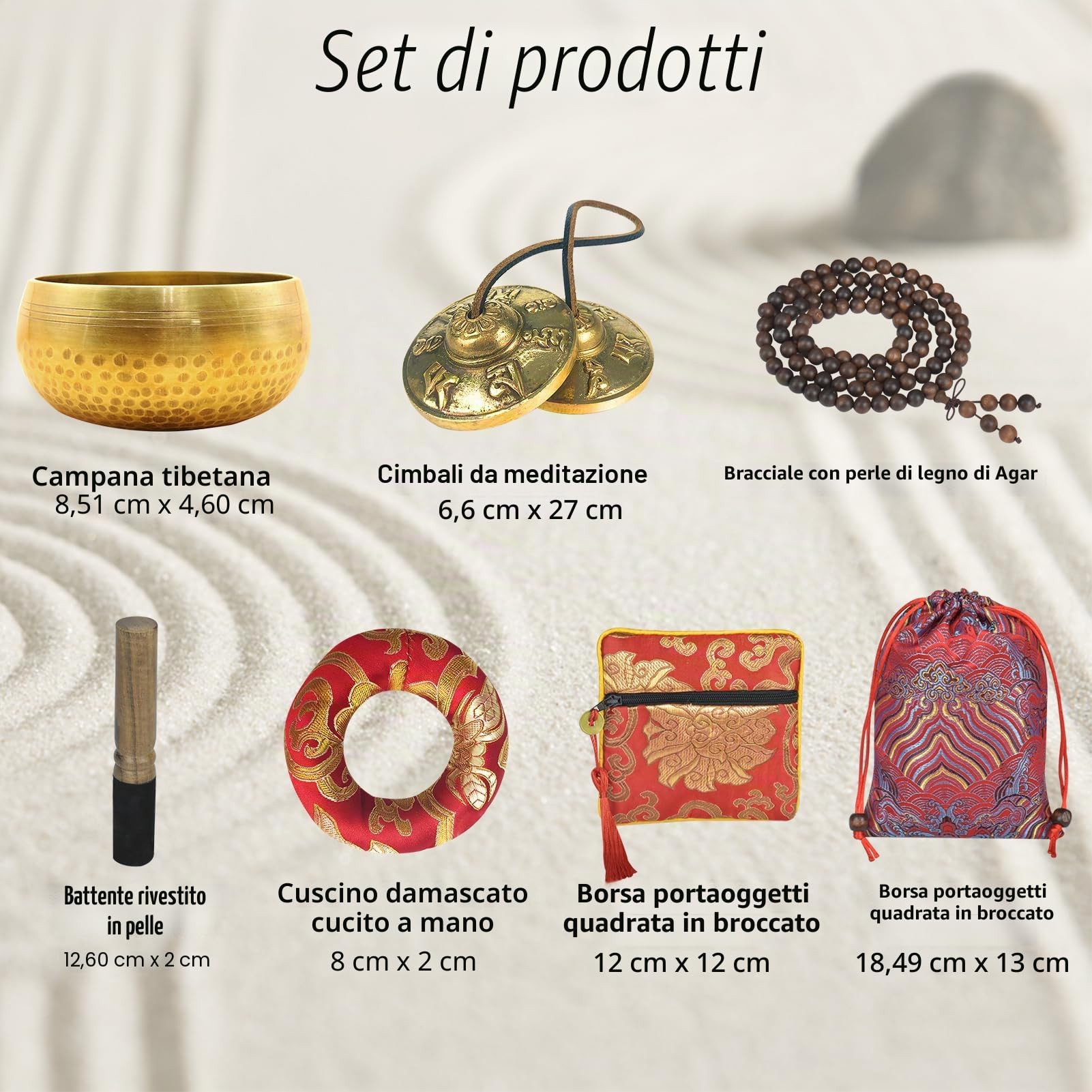 Artcome Set da meditazione tibetano 7 pezzi – campana tibetana tibetana e campanelle tibetane Tingsha fatte a mano in Nepal per meditazione, yoga, tranquillità, relax