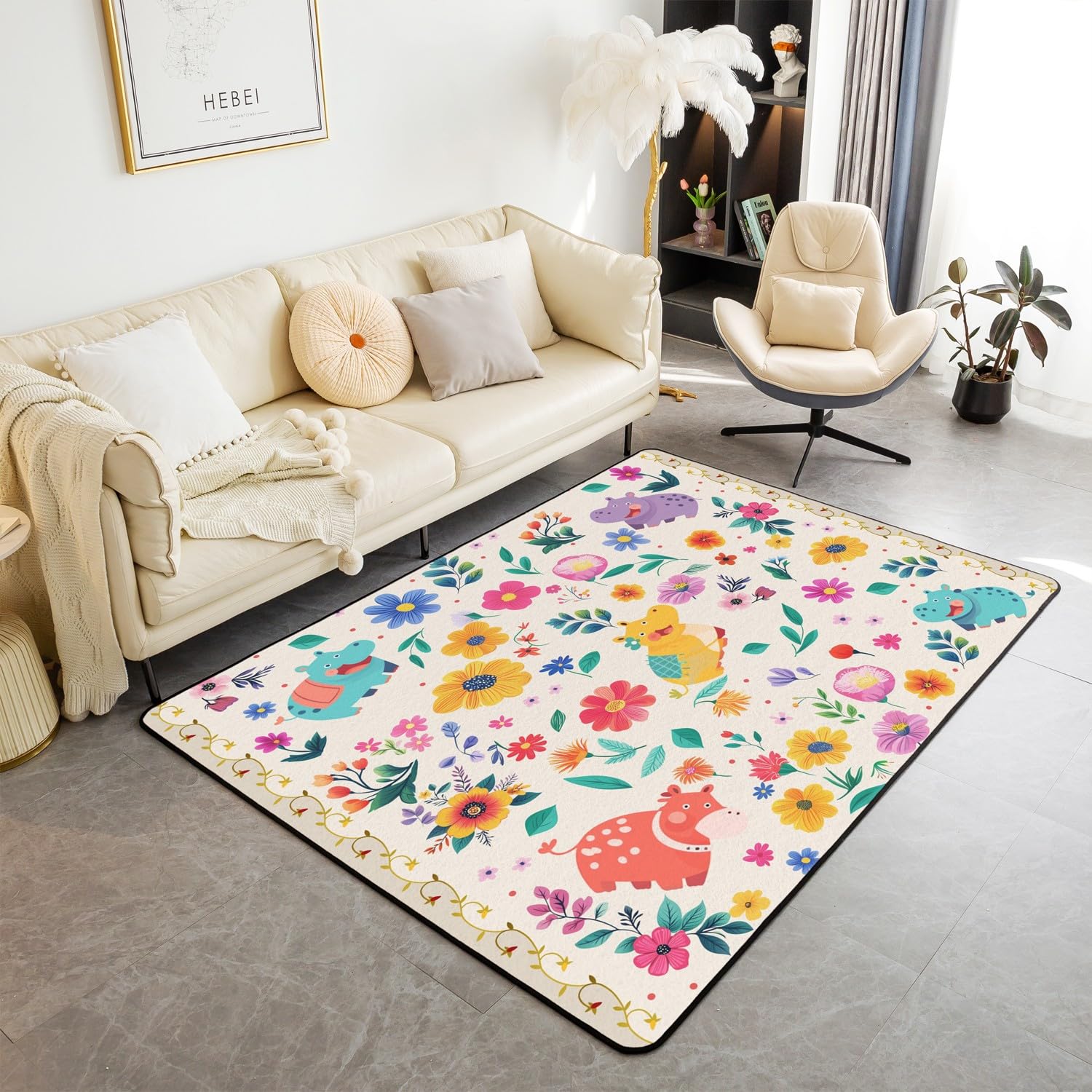 Erosebridal Cute Hippo Area Rug 3x5, Kawaii Animals Non Shedding Rectangular Carpet, Cartoon Wildlife Printed Kids Teens Indoor Floor Mat for Bedroom