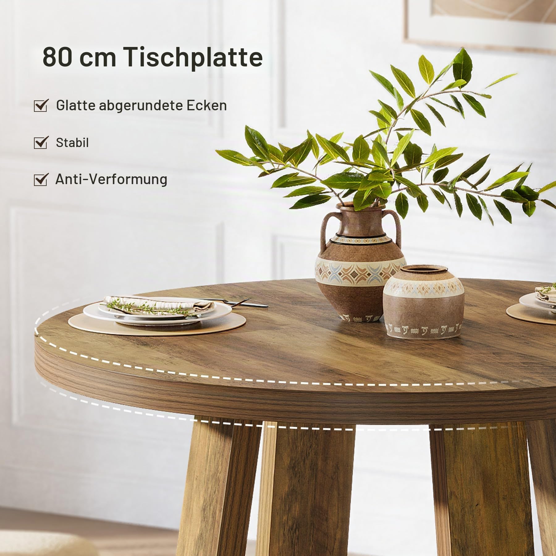 Tribesigns Runder Esstisch für 2-4 Personen, 80 cm Küchentisch für Kleine Räume, Wohnzimmer, Küche, Apartment, Landhaus-Stil, Rustikal Braun