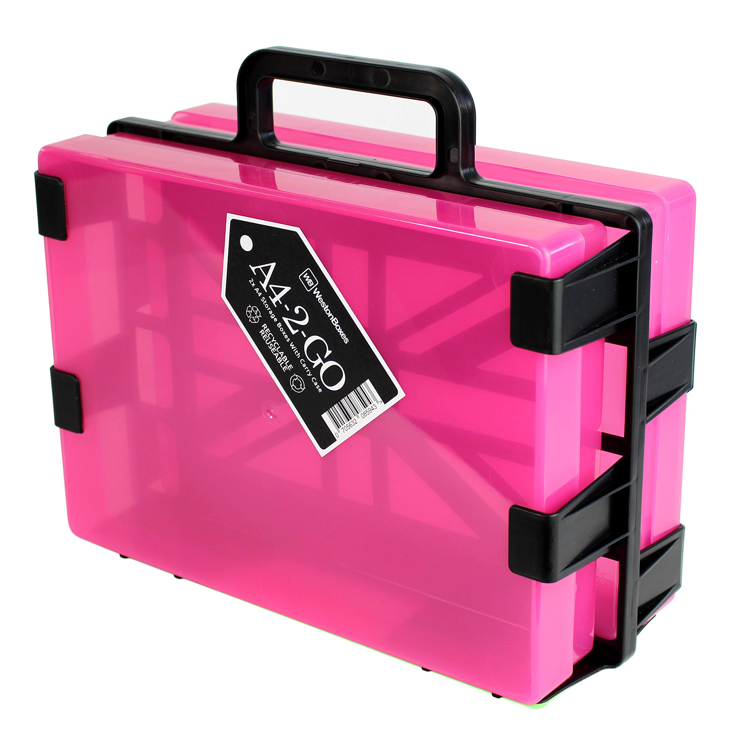 WestonBoxes A4-2-GO Portable Storage Box Carrier with 2 A4 Paper Storage Boxes - Pink