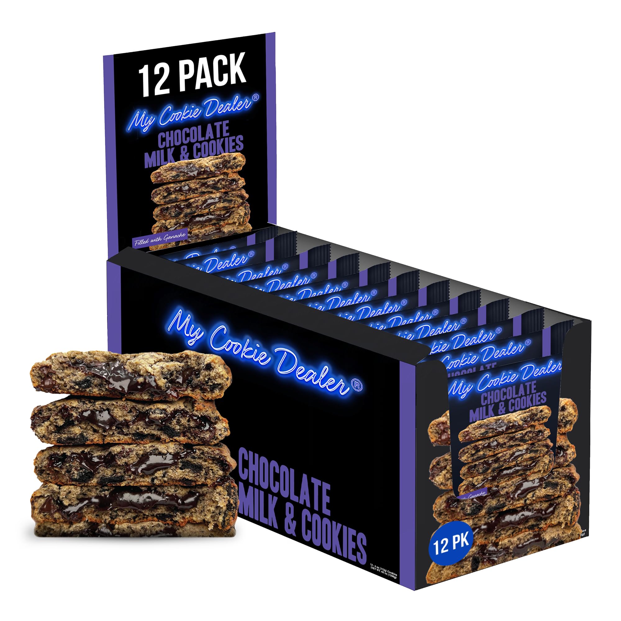 My Cookie Dealer Soft Baked Cookies, Chocolate Milk & Cookies (12-Pack, 4oz Cookie) - Oreo Batter with Chocolate Chips, Filled with Ganache - Individually Wrapped Travel Snacks