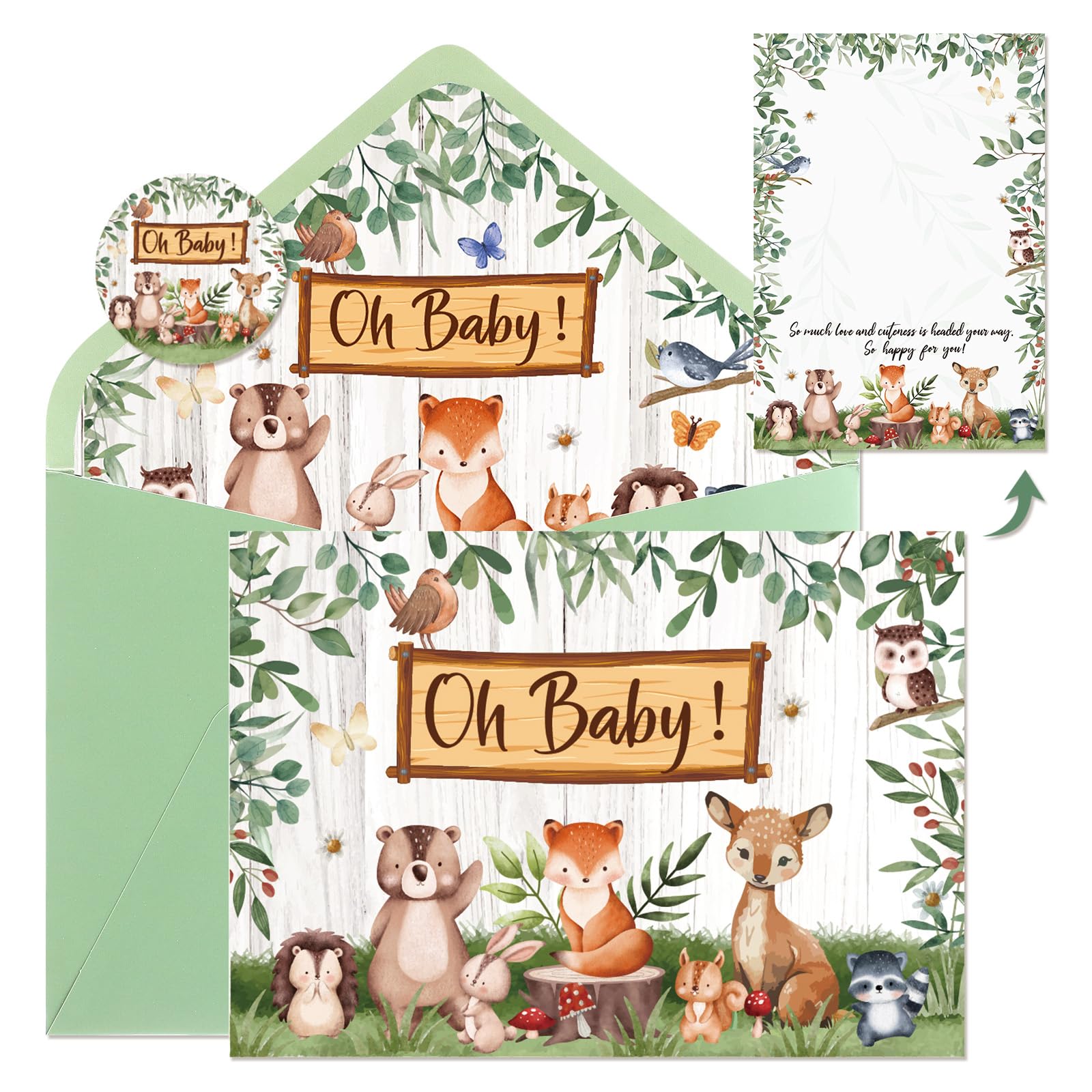 Woodland Animal Baby Shower Cards, Welcome New Baby Decorations Sage Green Forest Animals Greeting Card with Envelope & Sticker for New Parents Newborn Congratulations Gender Reveal Party Gifts