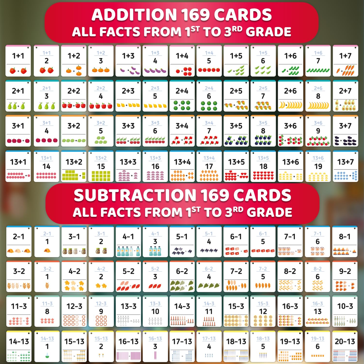 QUOKKA Addition & Subtraction Flash Cards Set for Kids Ages 5-8 338 Jumbo Math Flash Cards with Visual Aids, Sorting Rings & Reference Cards Math Games for Kids 1st to 3rd Grade Classroom & Home - Image 4