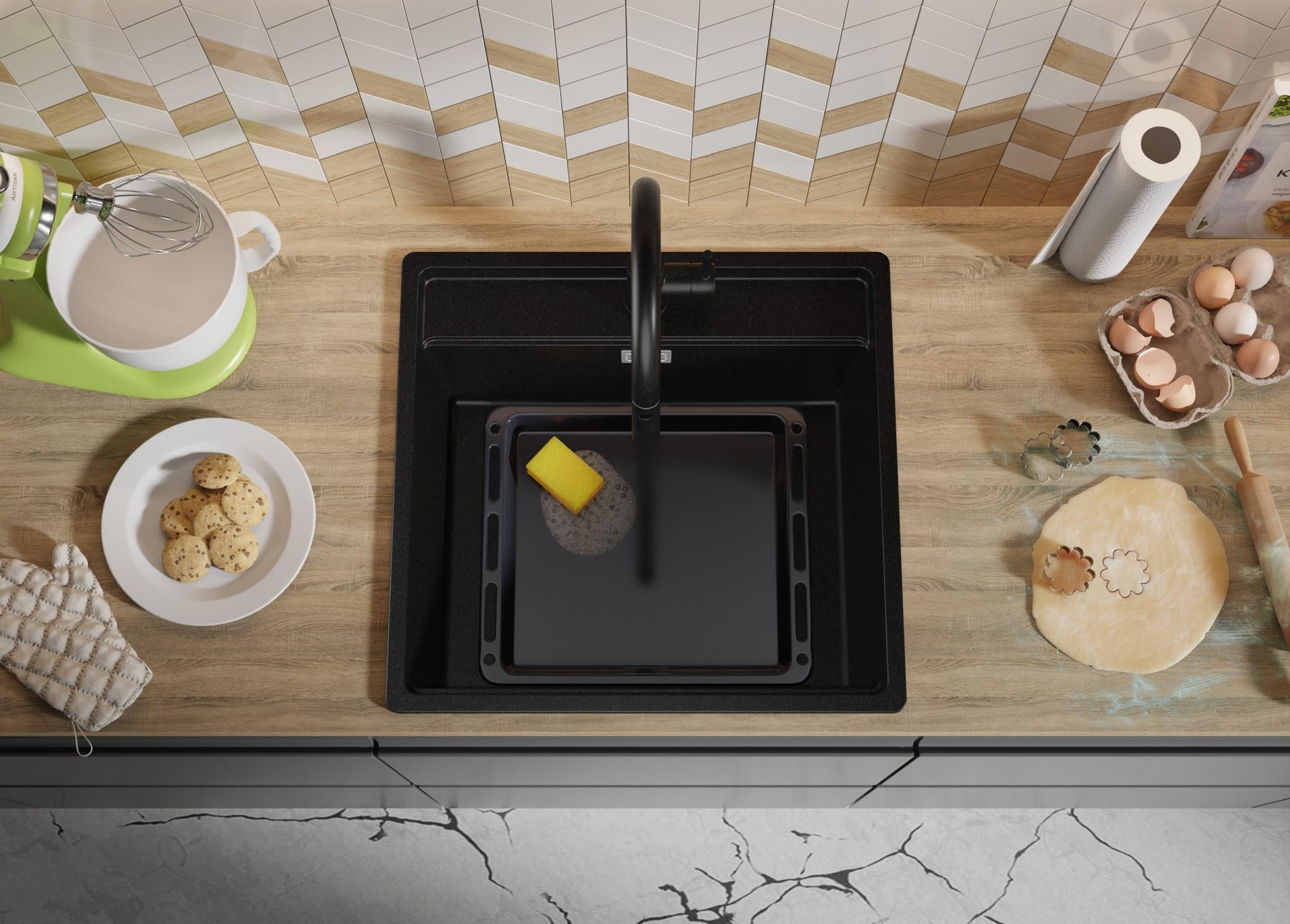 PRIMAGRAN Fregadero Granito Todo Negro - Bergen Low Cut Top Slim, 56x53cm | Cocina 1 Seno + Grifo 38x14cm + Zuberhor-Set, sobre Encimera al Mueble 60cm (S220)