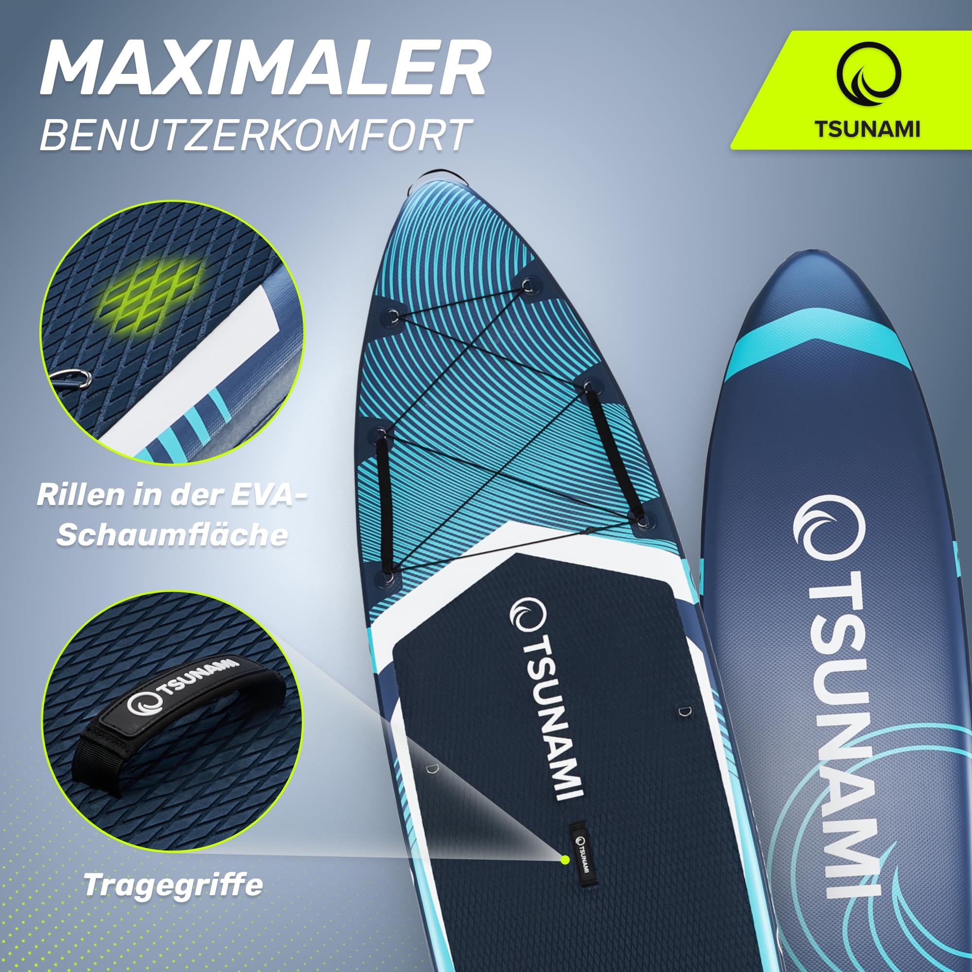 TSUNAMI Stand Up Paddling Board PRO, SUP-Board mit Komplettes Zubehör, Pumpe und Sicherheitsleine, Tragkraft bis 160kg, Länge 350cm, Doppeltes Material und zusätzliche interne Verstärkungen
