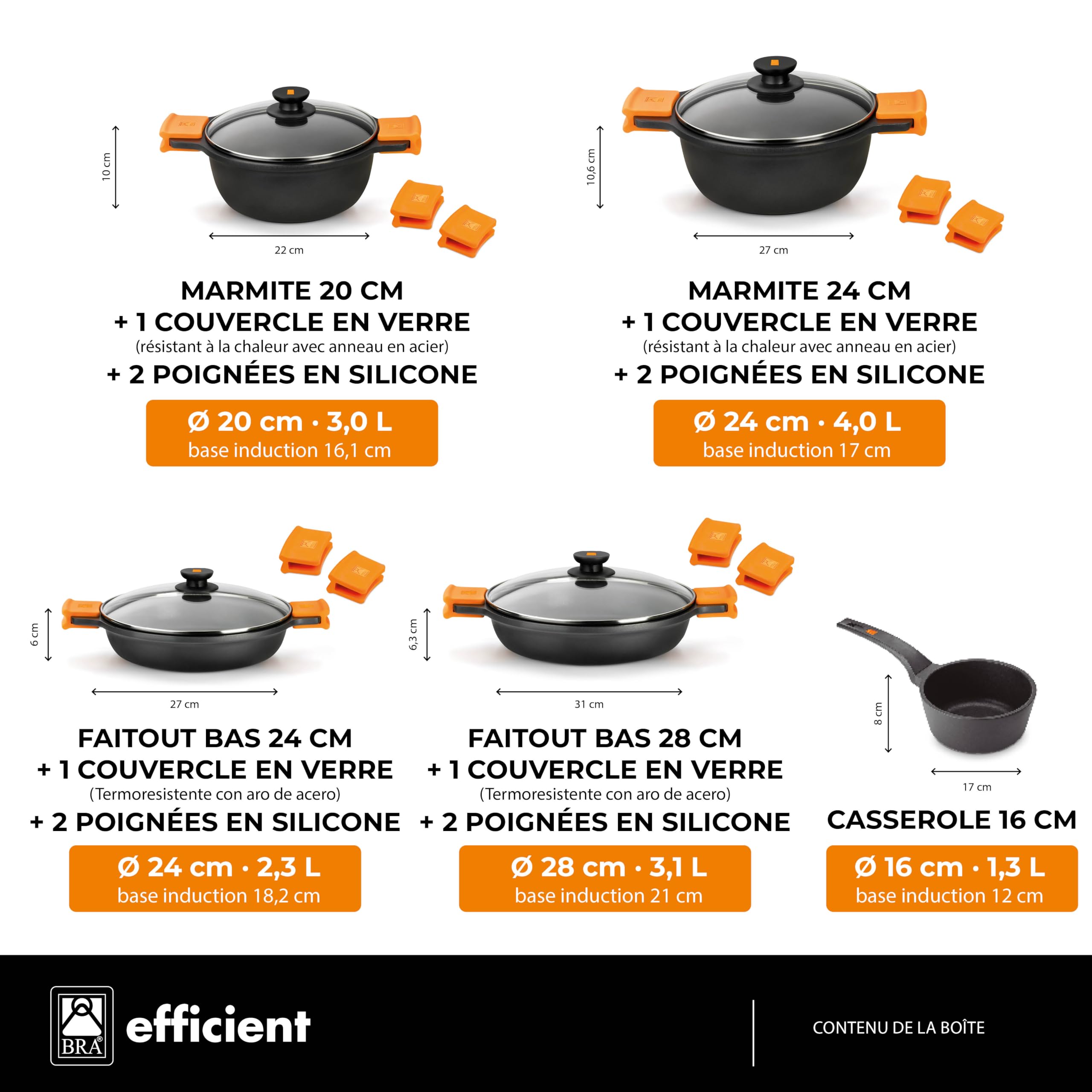 BRA Efficient | Batterie de cuisine 9 pièces en fonte d’aluminium | tous feux dont induction, revêtement antiadhésif