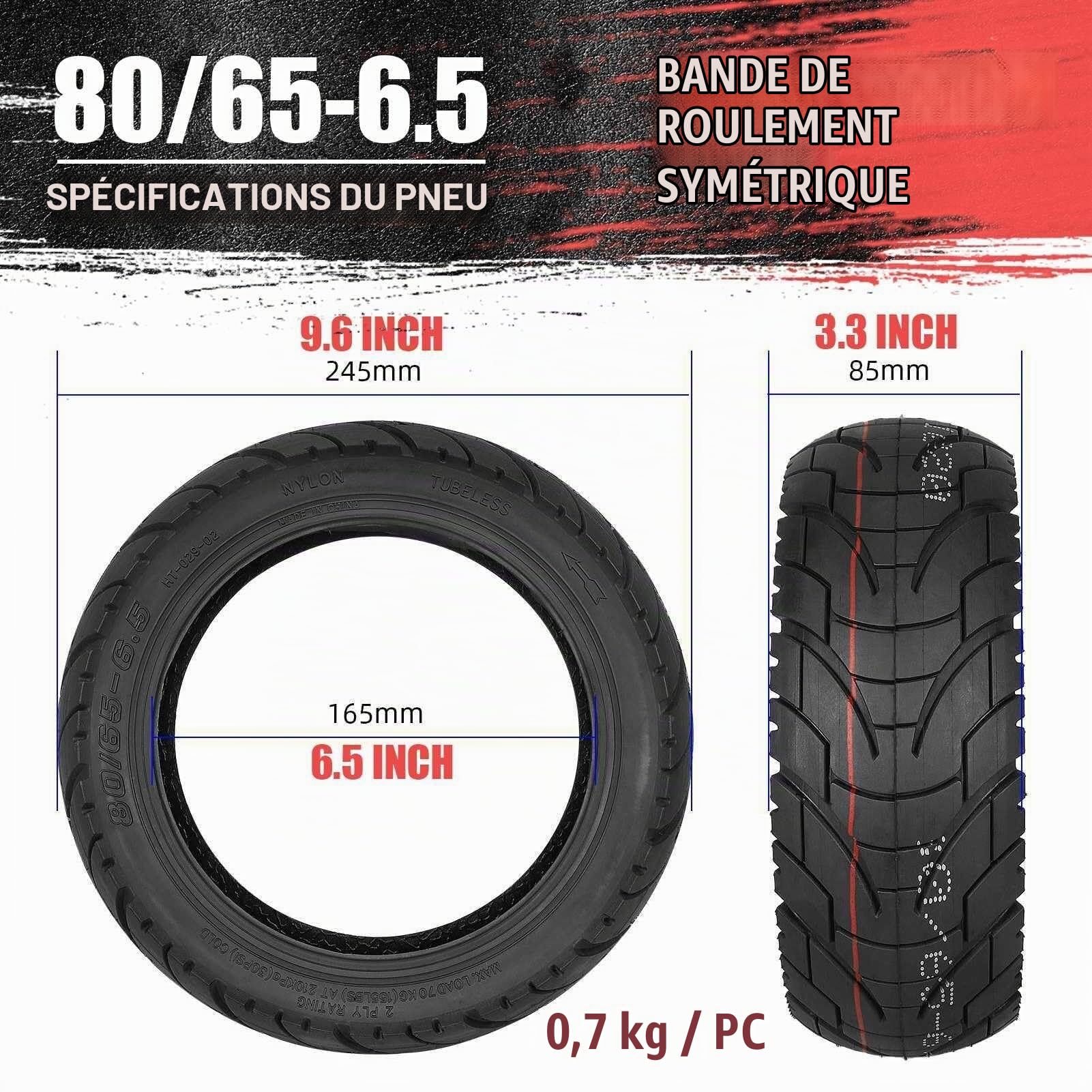 80/65-6.5 Pneu Trottinette Tubeless avec Conception Épaisse Anti-Éclatement 80/65/6.5 Résistant à l’Usure et 80 65 6.5 Antidérapant pour Trottinette Électrique – Compatible avec 255x80 10x3