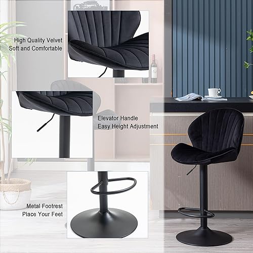 Miniatura 4 de Juego de 2 taburetes de bar, taburetes de bar ajustables con respaldo y reposapiés, taburetes de bar ajustables de terciopelo de diseño moderno con