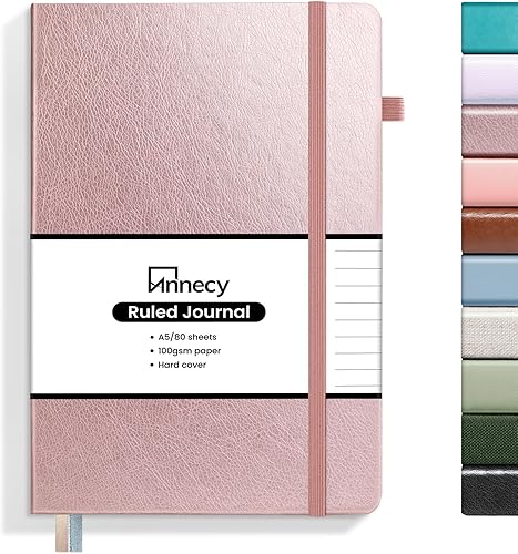 Annecy - Libreta de rayas tipo diario, diario de cuero de tapa dura para mujeres y hombres, 160 páginas numeradas, tamaño mediano de 5.5" x 8.25",