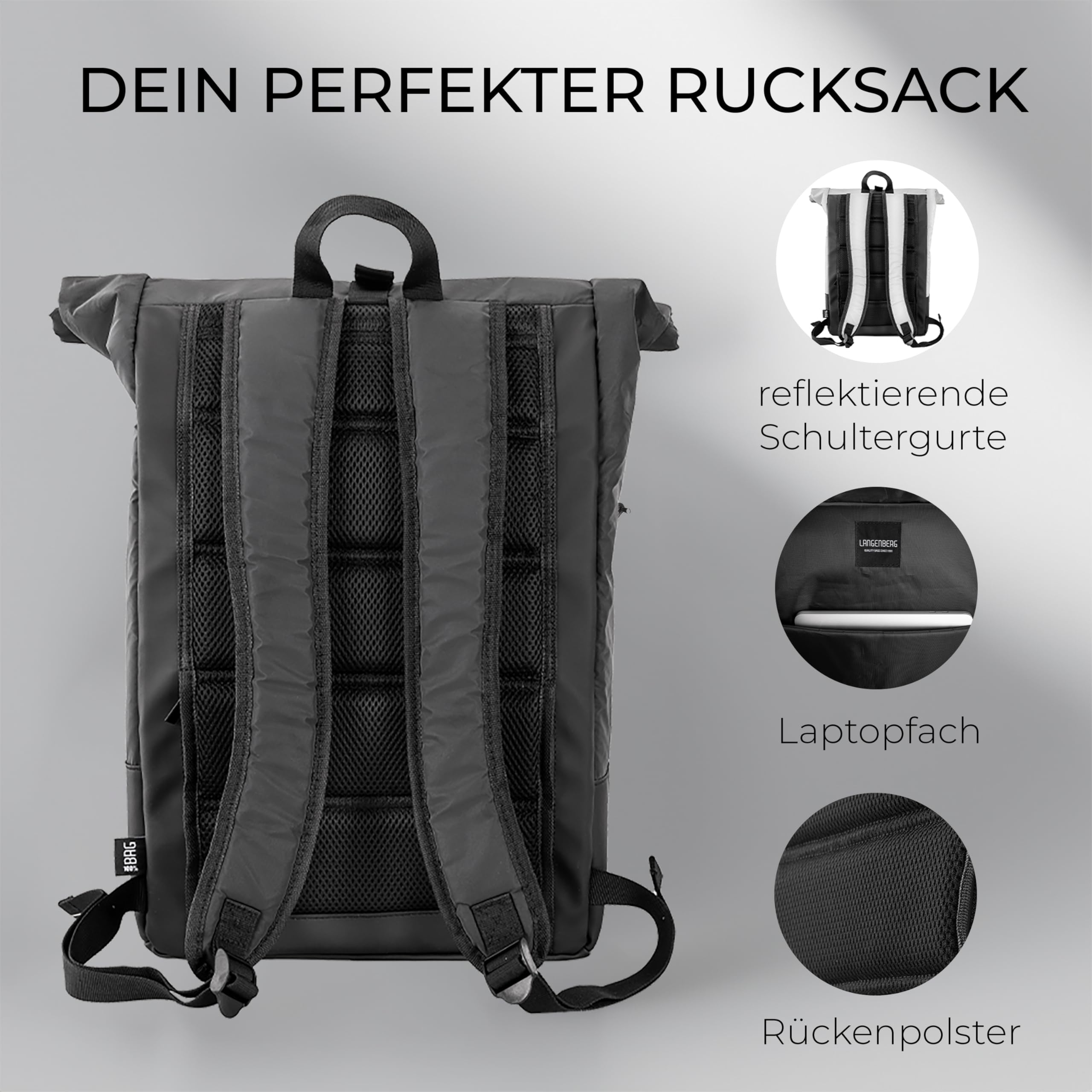 LANGENBERG Flash Rolltop Rucksack - Wasserabweisender und diebstahlsicherer Rucksack für Herren - 20 Liter Cityrucksack für Damen mit Laptopfach 16 Zoll - Reflektierender Fahrrad Rucksack