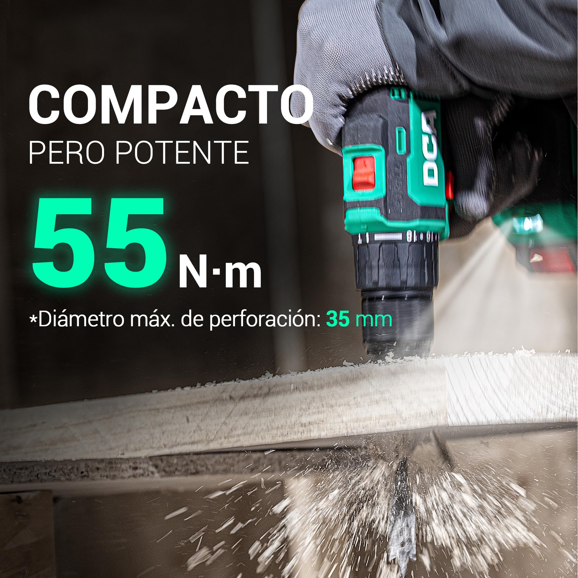 DCA Taladro Percutor Inalámbrico Brushless 20V, 55Nm de Par Máximo, Mandril Todo Metal de 13mm, 18+2 Configuraciones de Par (0-450/1800RPM), Diseño Compacto con 2*Batería de 2.0Ah y Cargador，ADJZ2055i