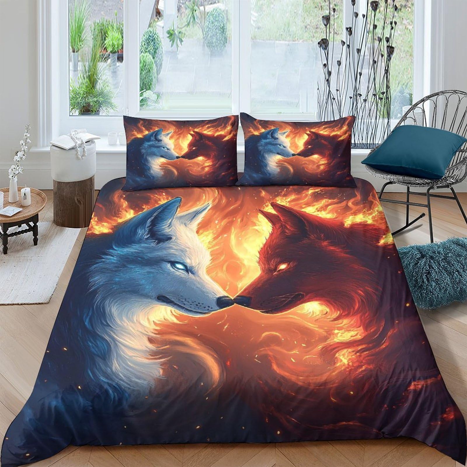 Ctjqhvkz Style-1 3D Printed Wolf Fire And Ice Fitted Sheet Microfiber Soft Anti-Slip Bed Cover For Bedroom Dorm Mattress Protection Decor Single（135X200cm）
