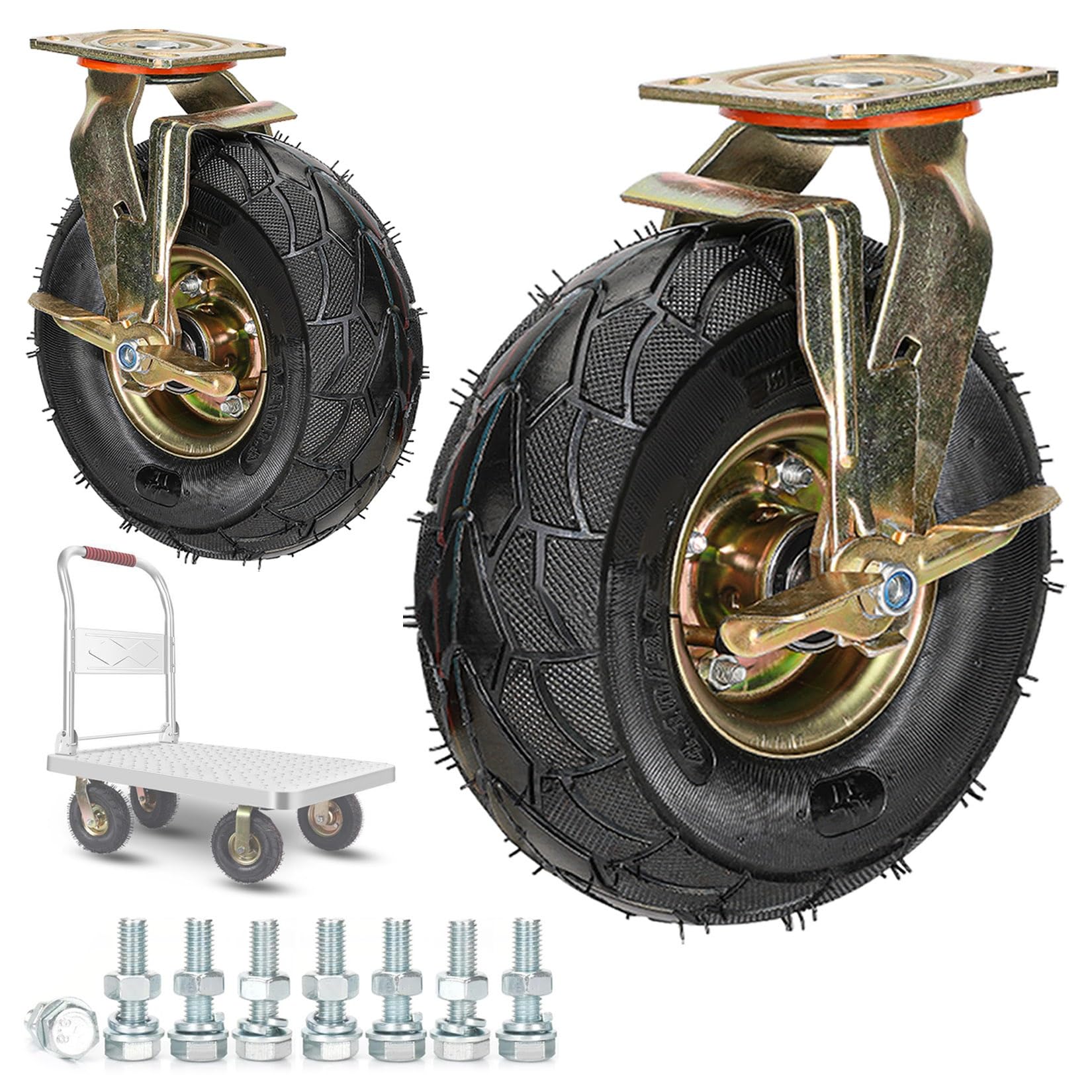 Wytrzymałe gumowe opony pneumatyczne 200 mm 250 mm - zestaw 2 rolek transportowych przemysłowych ze śrubami hamulcowymi i płytkami metalowymi, obrotowymi o 360°, bez śladów i cichymi kółkami