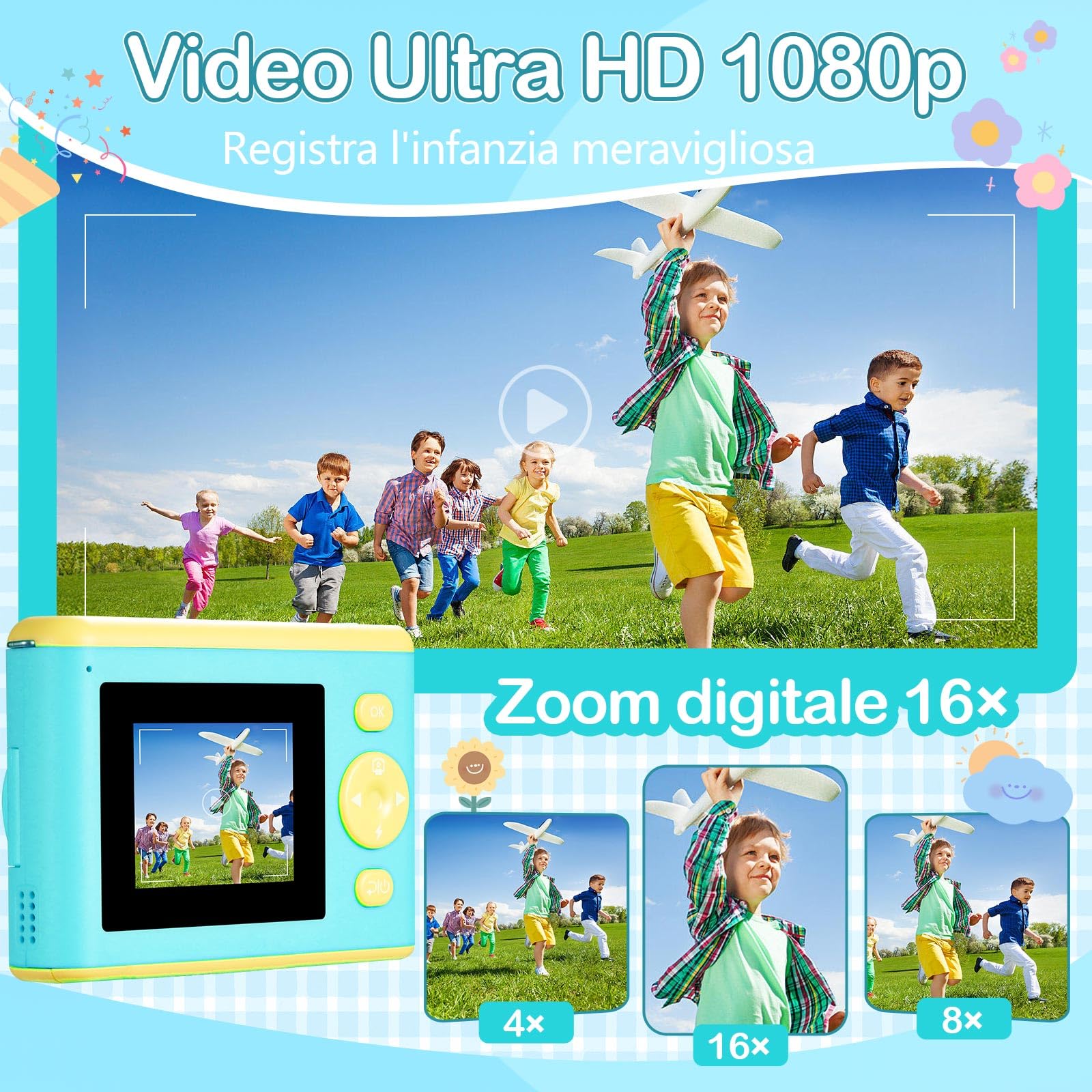 Macchina Fotografica Bambini Istantanea,Schermo IPS 2,4" Modalità Selfie e Video, 32 GB + 3 Rotoli di Carta Fotografica, Giocattolo Regalo per Natale/Compleanno Ragazze Ragazzi 3-14 Anni (Blu)