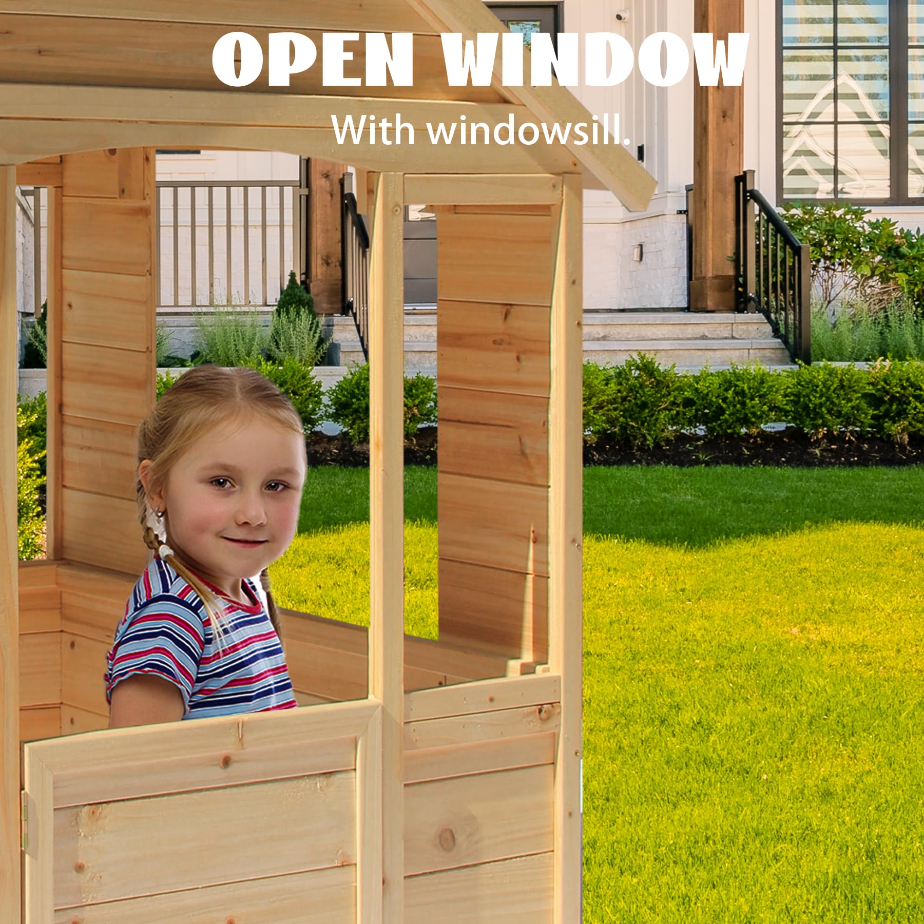 Spielhaus für Kinder im Freien, Spielhaus aus Holz im Landhausstil mit Waschbecken, Fenstern, Arbeitstür, Kochgeschirrtöpfen, Cottage-Spielhaus für den Außenbereich, Hinterhof, Terrasse (Natural)