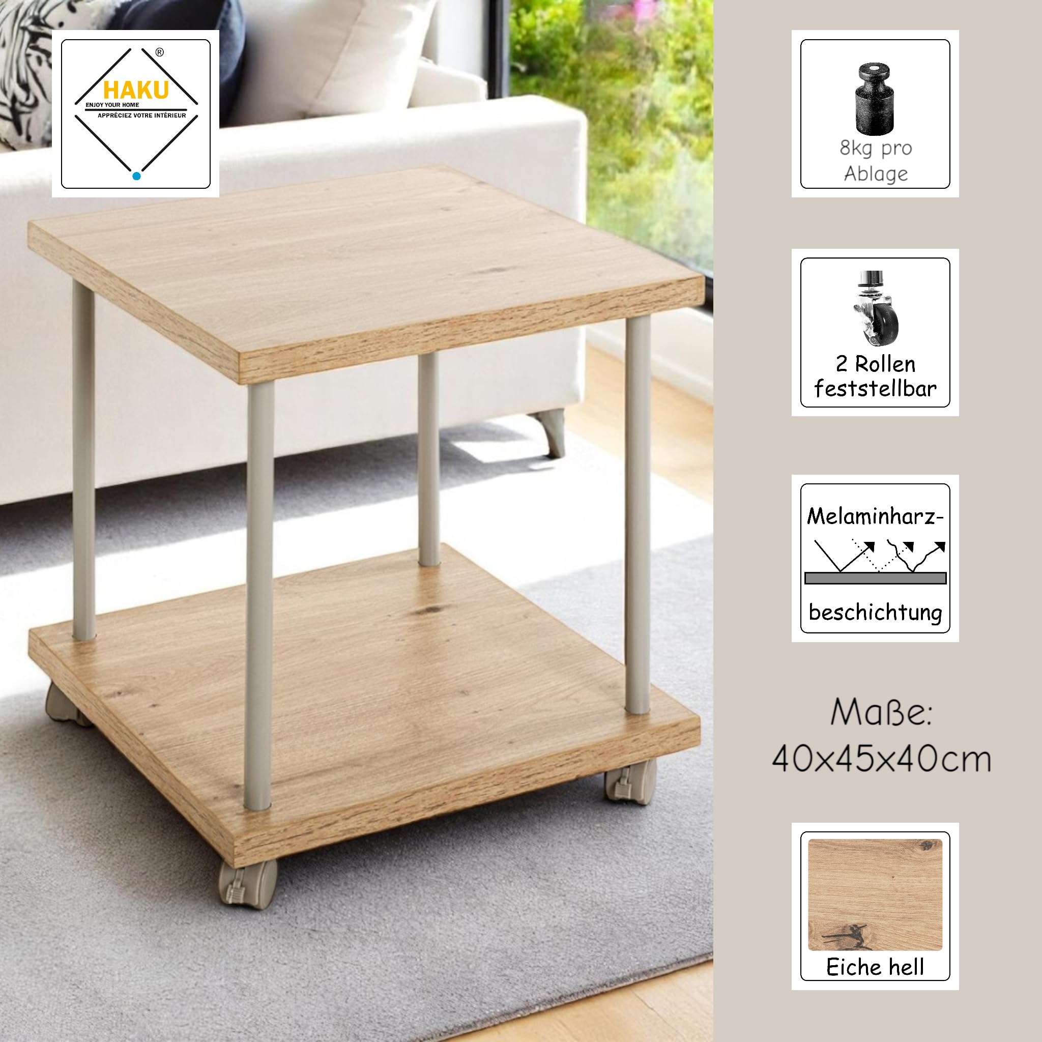 HAKU Tavolino su rotelle in rovere chiaro grigio cashmere MDF metallo carrello di servizio con rotelle - Dimensioni: L 40 x A 45 x P 40 cm Stile: Moderno
