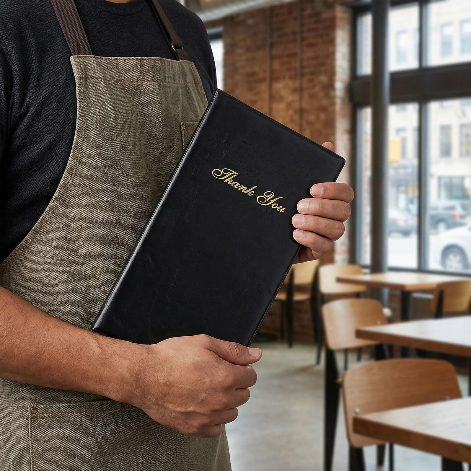 GALPADA 4 Pezzi Set da 4 Porta-conto per Ristorante 28x25,5 Cm in Materiale Resistente, Porta Ricevute e Portamenù Nero con Scritta Dorata Grazie", per Camerieri e Servizio Clienti in Bar