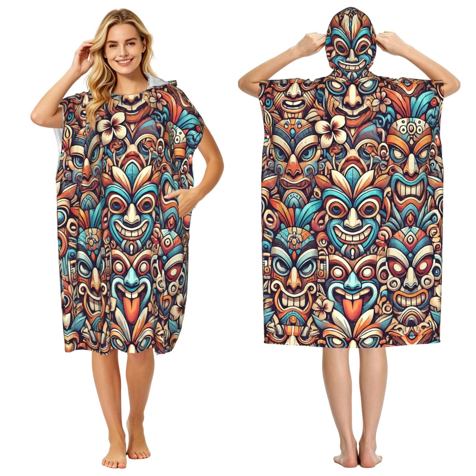 Zaixiansj Men's Tiki Masks 110Cm Print Adult Changing Robe Hooded Towel Poncho Surf Swim Beach Cover Up With Pockets