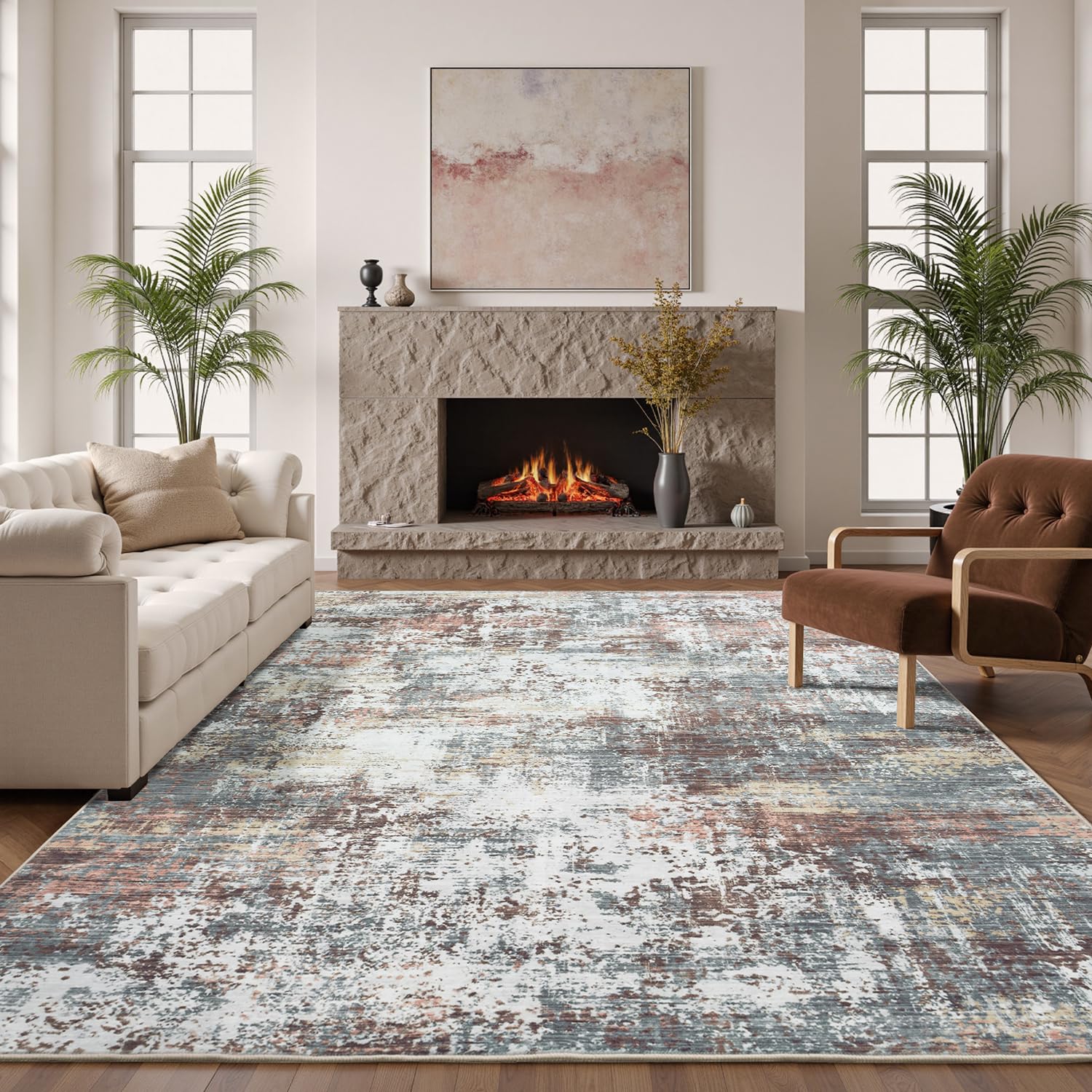 8x10 feet area rugs for living room, abstract modern washable rug, indoor soft non-slip large floor carpet for bedroom dining room home decor, rust red