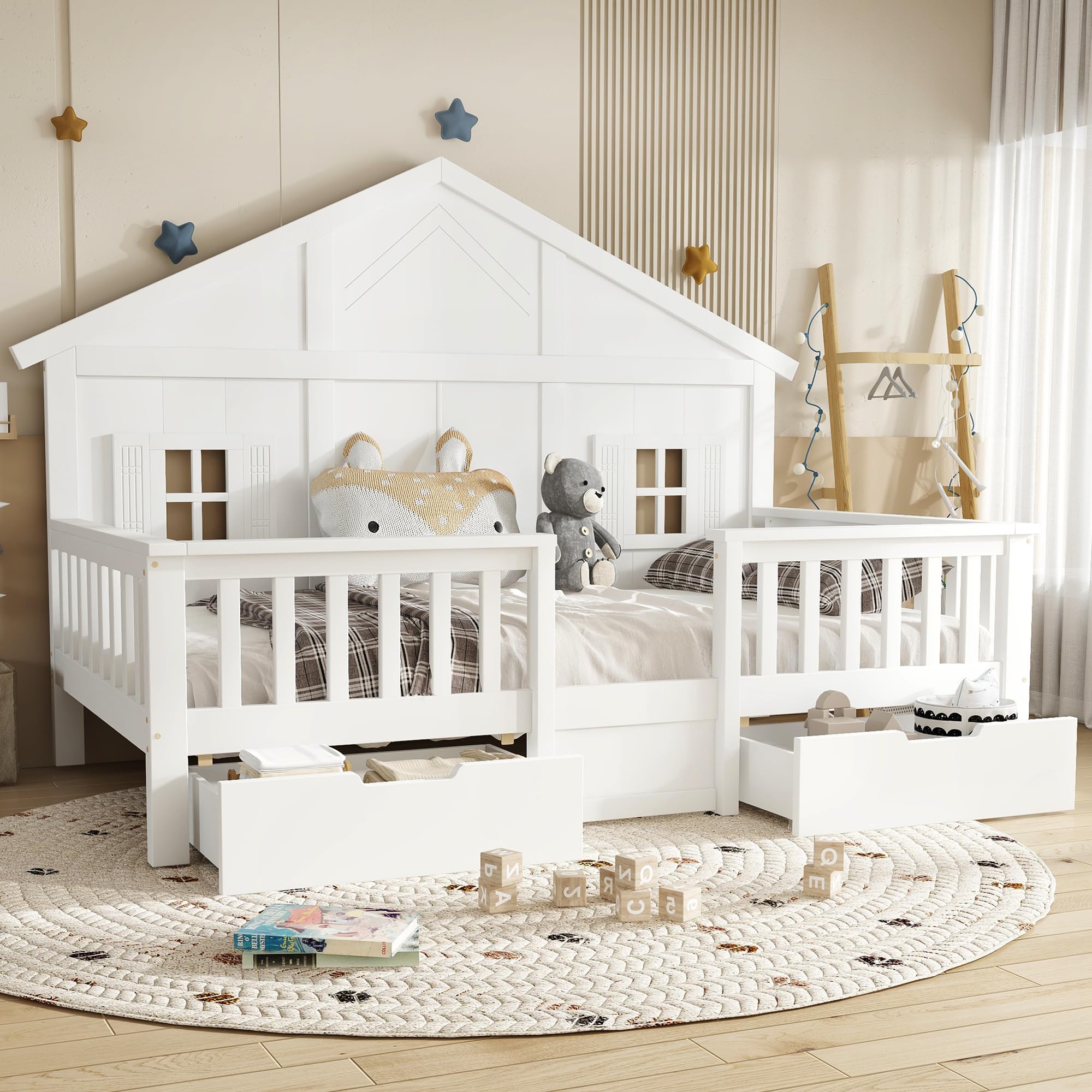 Kinderbett Hausbett 90x200, Montessori Bett Holzbett mit Rausfallschutz&Lattenrost, Einzelbett mit 2 Schubladen&Fenster&Dach, Gitterbett Jugendbett Bettgestell Spielbett, Kiefer, Ohne Matratze, Weiß