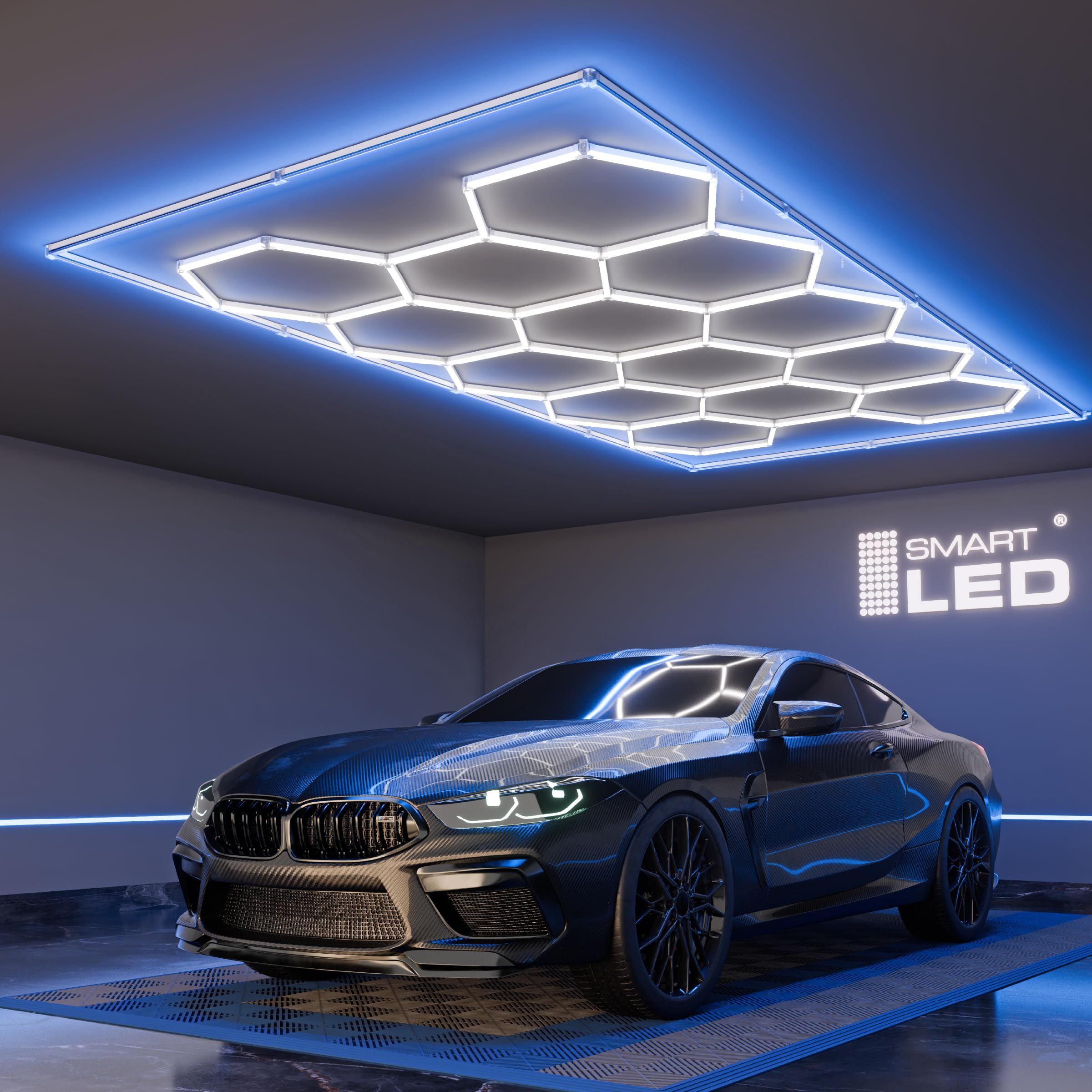 Hexagon LED Deckenlampe 484x243 cm – 64er Set Werkstattbeleuchtung 500W 57500lm – Kaltes Licht+blau – IP54 flimmerfrei – LED Garagenbeleuchtung, Tattoo, Detailing, (484x243CM, blauer Rahmen)