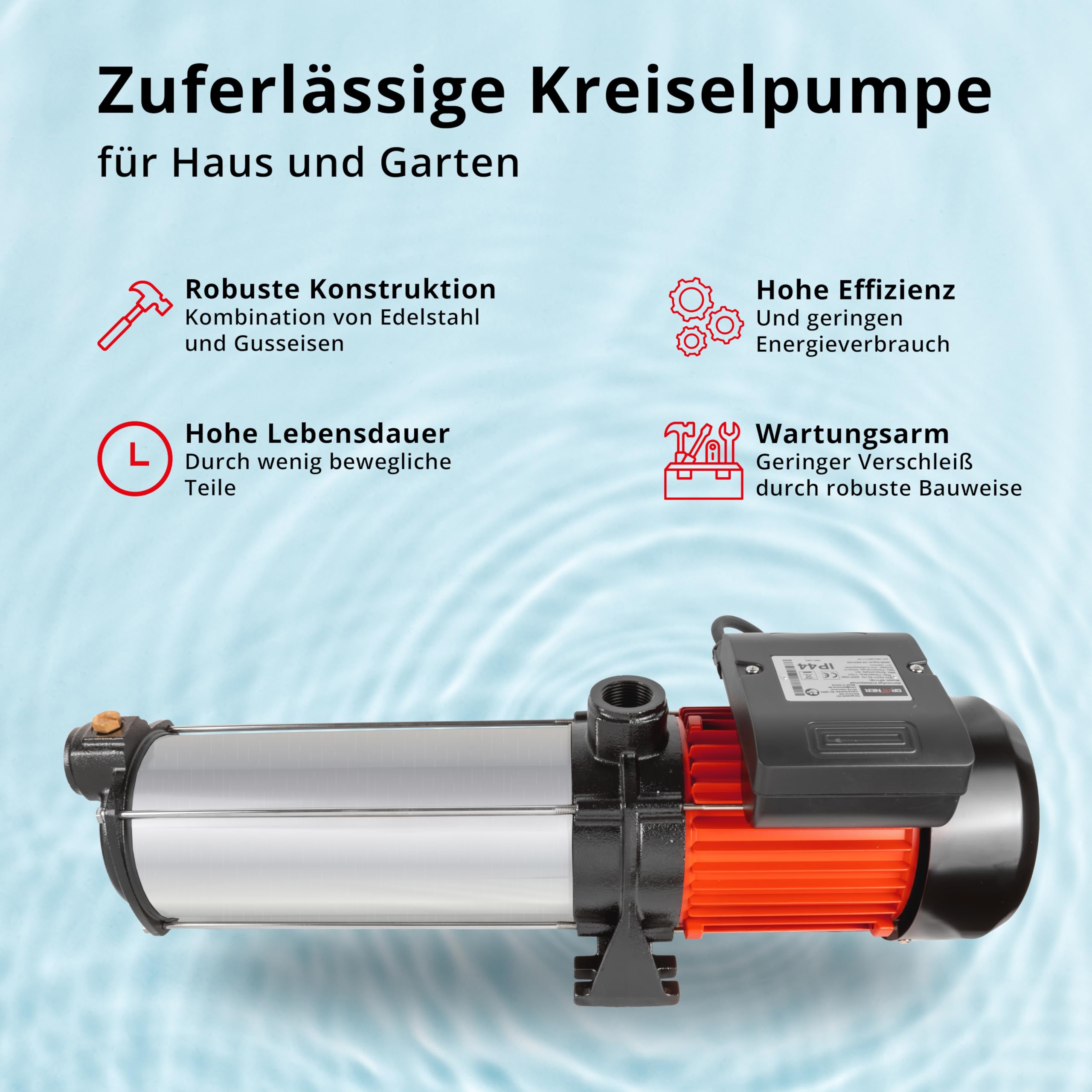 Grafner Premium Kreiselpumpe 10 Stufen, 5400 l/h 2200 Watt, 11 bar, Förderhöhe 110m, Ansaughöhe 8m, selbstansaugende Wasserpumpe, Edelstahl Gartenpumpe Hauswasserwerk Brunnenpumpe mehrstutig