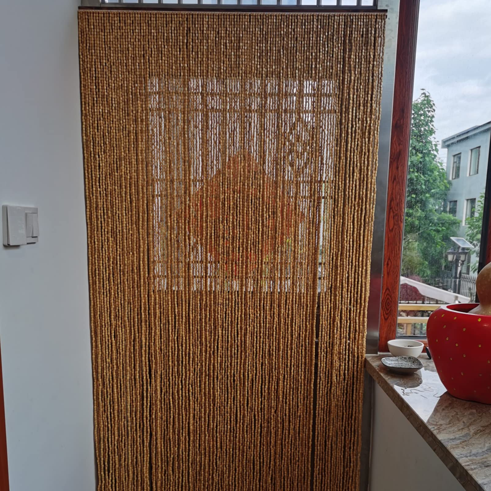 Rideau de Perles en Bois Naturel et Bambou, Rideau de Perles en Bambou pour Porte, Rideau de Porte en Bambou perlé Suspendu, séparateur Mural, pour Couloir de fenêtre de Chambre, p