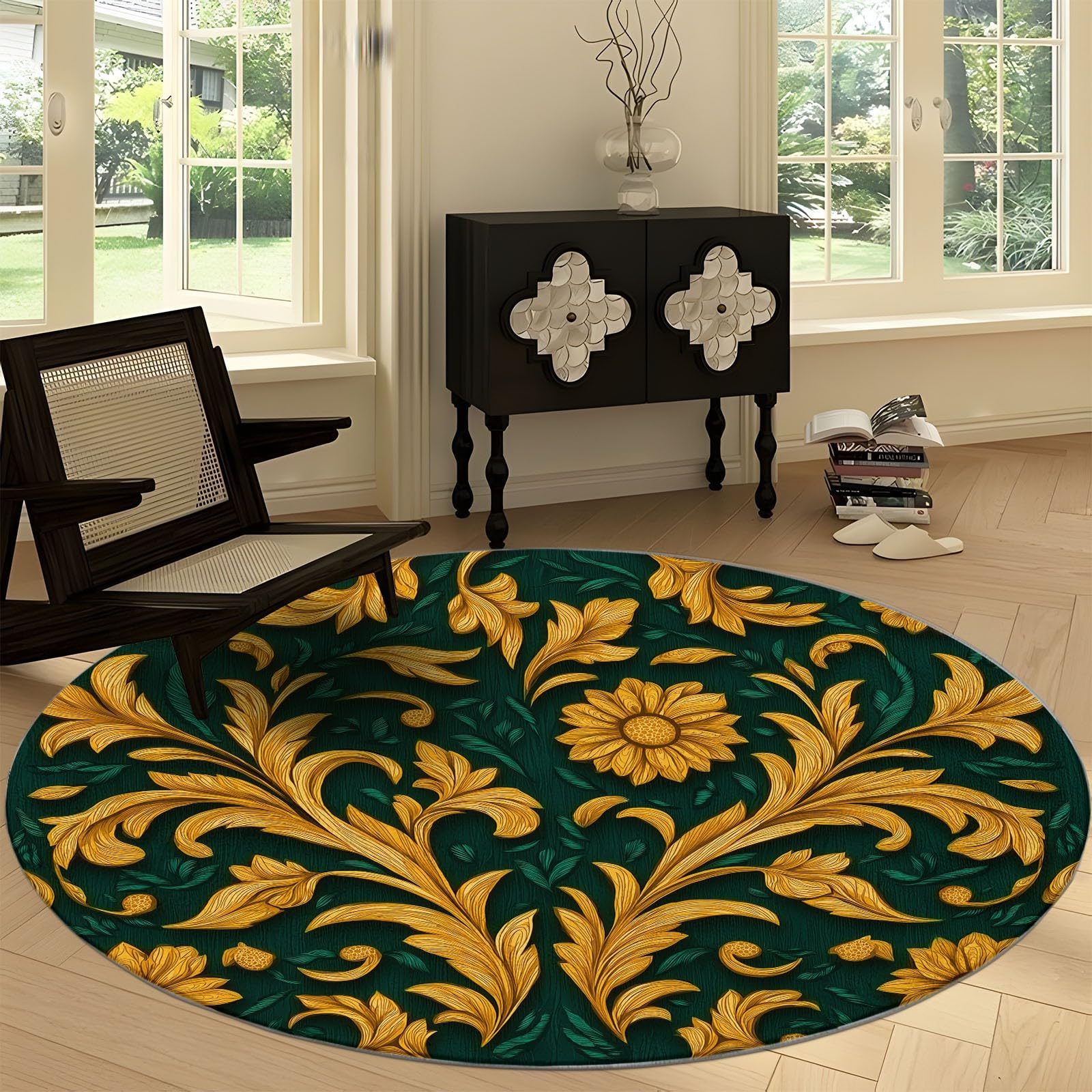 Tapis rond salon 180 cm effet sculpture bois vintage pour intérieur et extérieur