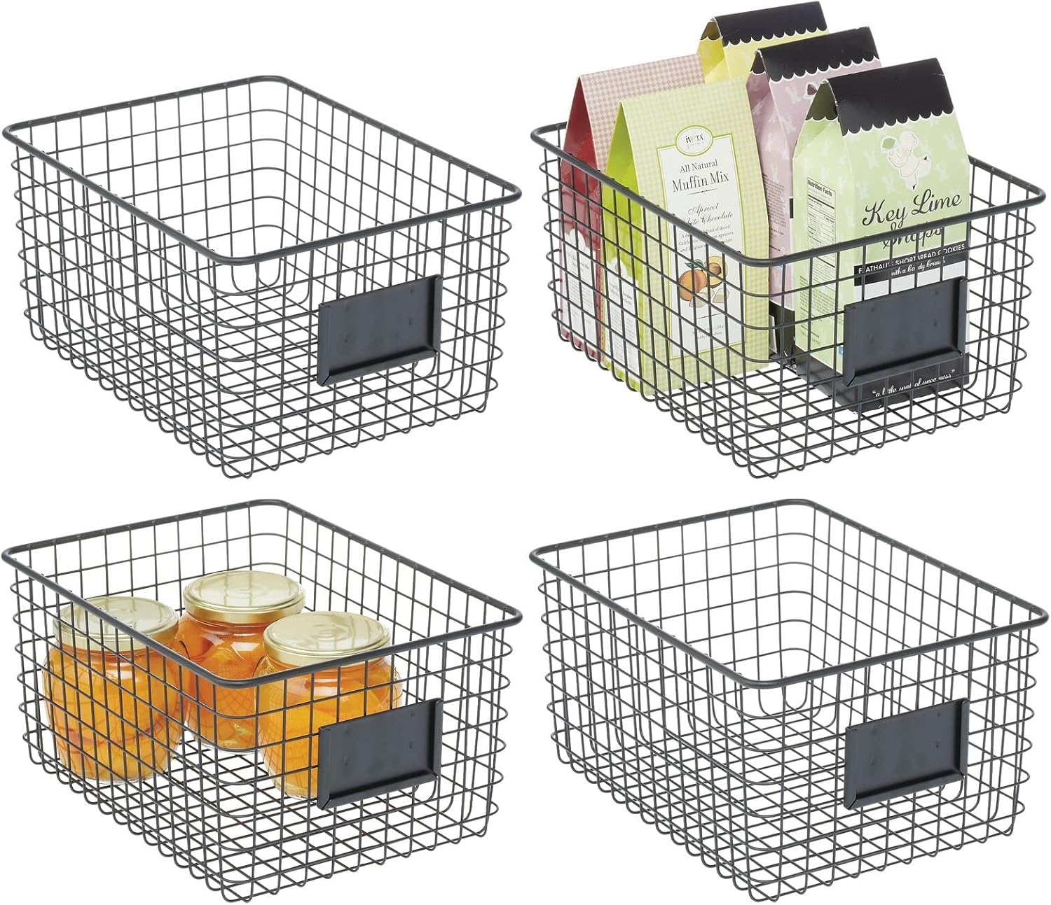 mDesign Large Steel Storage Organizer Bin Baskets with Label Slot for Kitchen Pantry, Cabinet, Cupboard, Organizing Holder for Food, Drinks, Snacks, Produce, Omaha Collection, 4 Pack, Matte Black