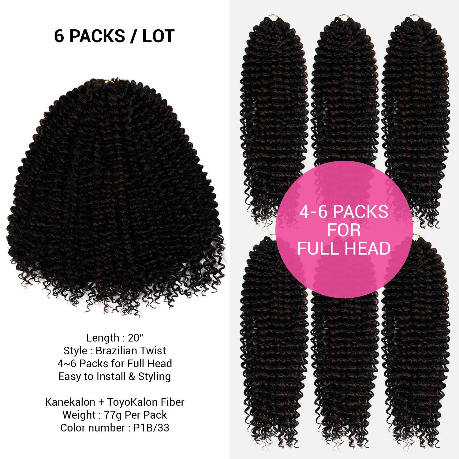 6 Pack 20 Inch AU-THEN-TIC Authentic Synthetic Hair Crochet Braids Brazilian Twist 20" (6-PACK, P1B/33)