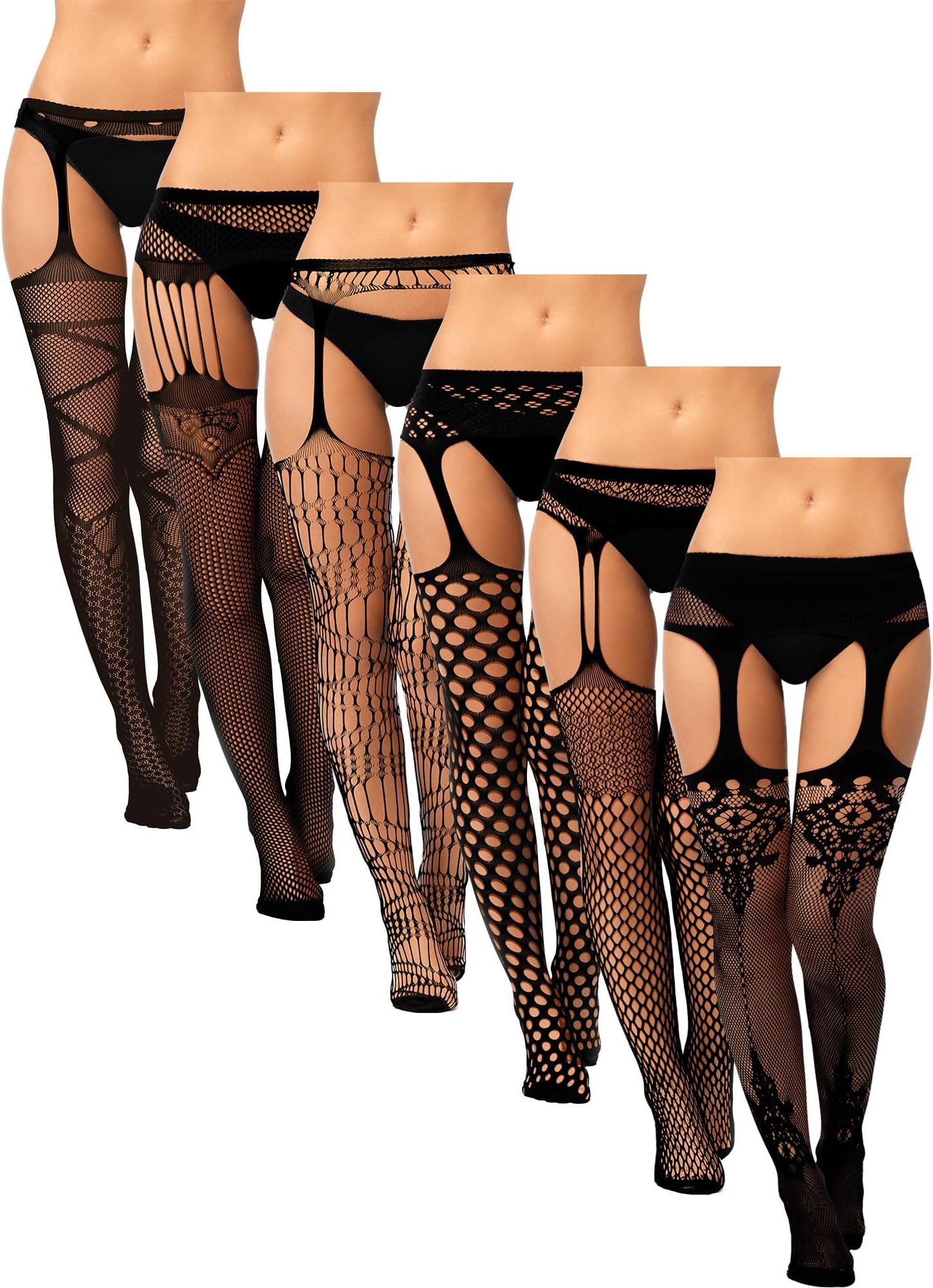 6 Pairs Women Fishnet Suspender Stockings Thigh High Stockings Lace Tights Pantyhose for Women Halloween Costumes