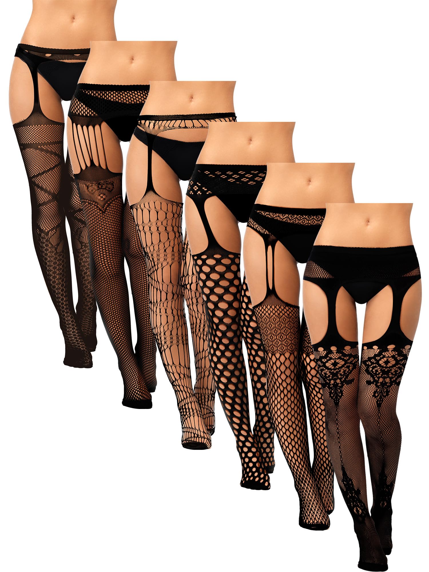 6 Pairs Women Fishnet Suspender Stockings Thigh High Stockings Lace Tights Pantyhose for Women Halloween Costumes