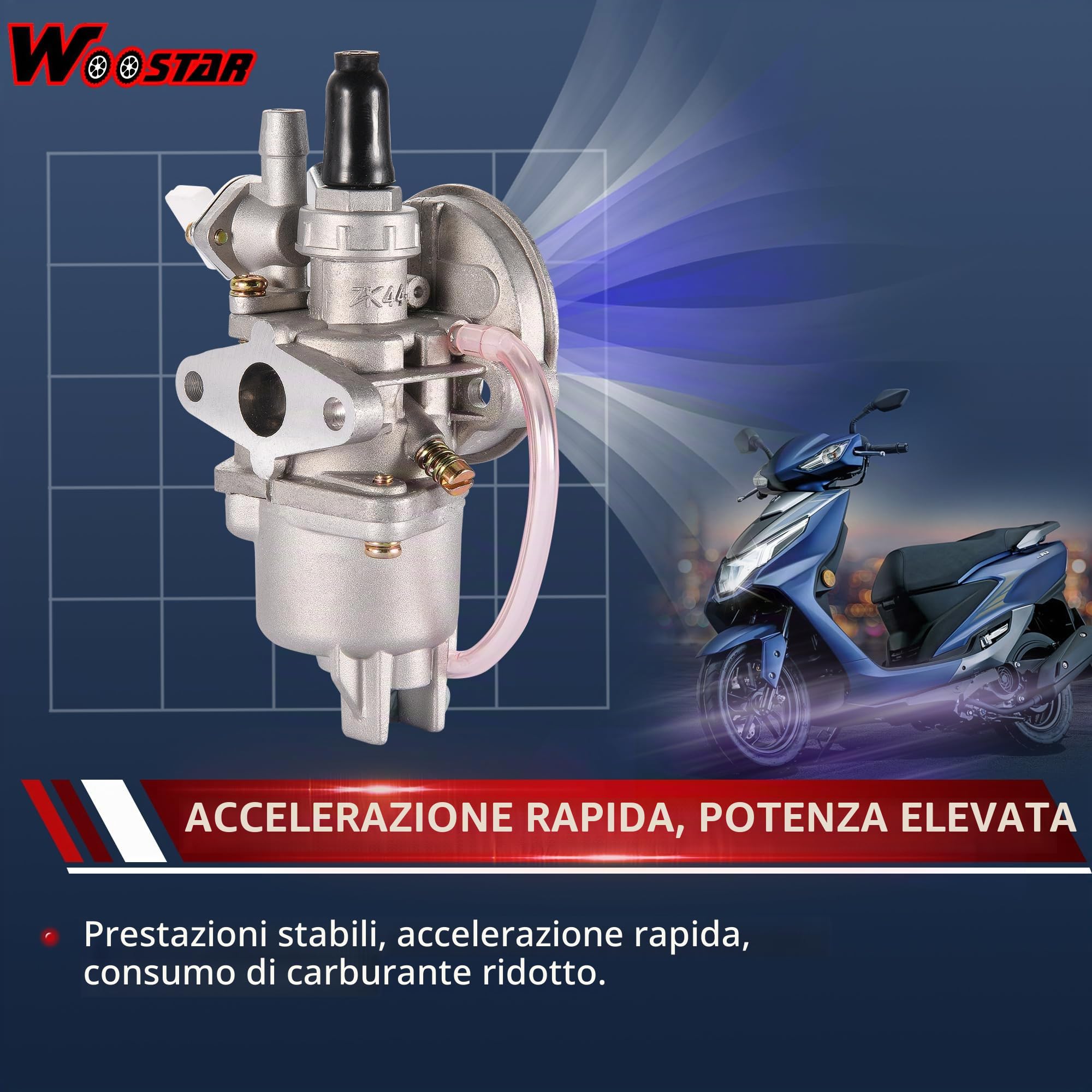 WOOSTAR 44mm Big Bore Cilindro con Avviamento a Strappo con Carburatore e Filtro Aria Motore Kit Sostituzione per 2 Tempi 43cc 47cc 49cc 52cc Mini Pocket Bike Gas Ciclomotore Scooter Argento