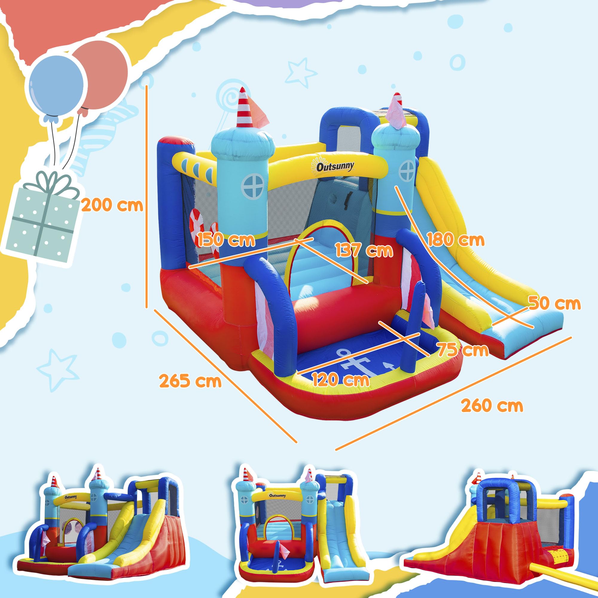 Outsunny Castello Gonfiabile 4 in 1 per Bambini 3-8 Anni, 265x260x200cm | Trampolino, Scivolo, Piscina, Parete da Arrampicata, Borsa Trasporto, Parco Acquatico Gonfiabile per Giardino, Gonfiatore