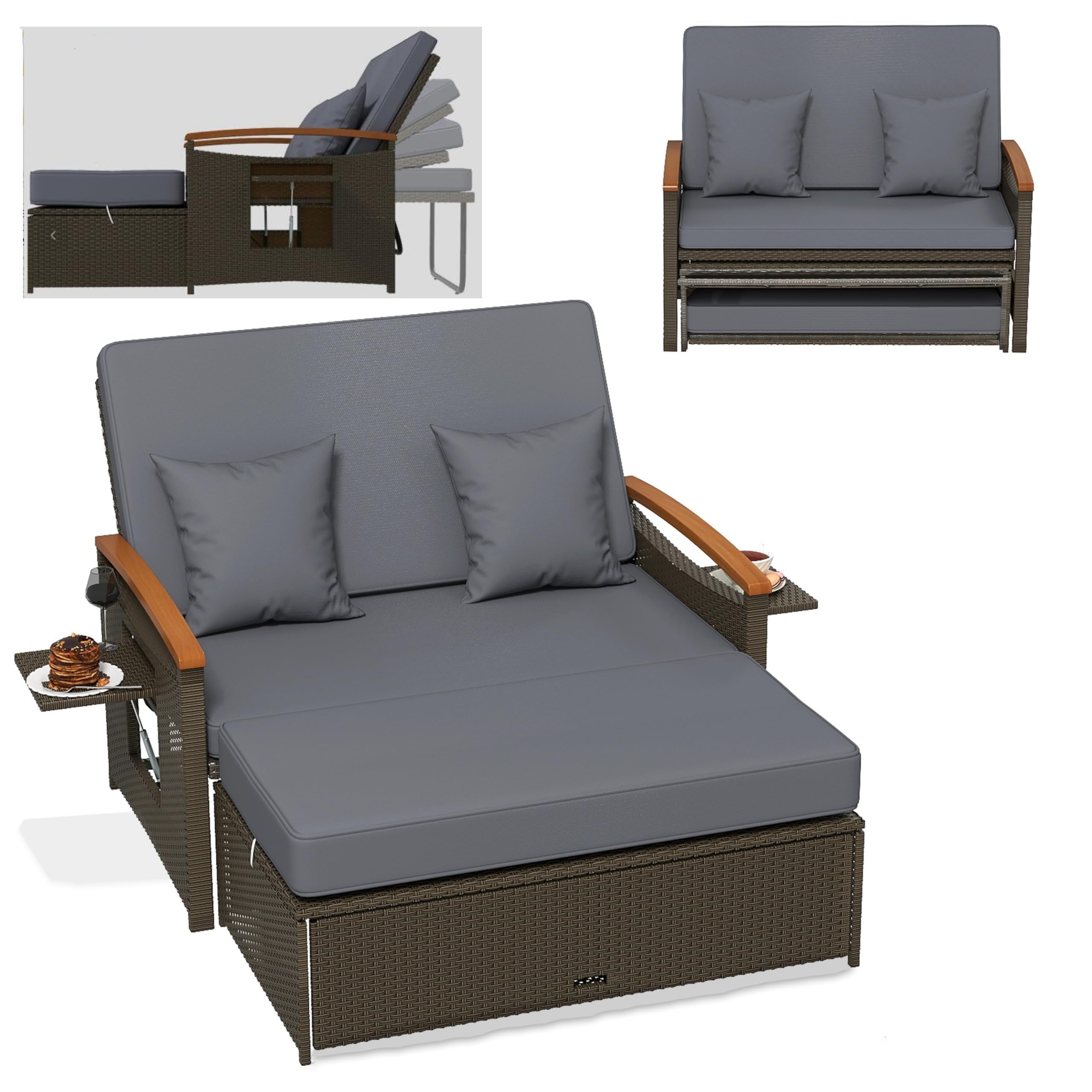 GYMAX Sofa Exterior de Ratán con Reposapiés de Almacenamiento, Conjunto Jardín de 2 Plazas con 4 Niveles y Cojines Acogedores, Bandejas Laterales Retráctiles (Gris, S)