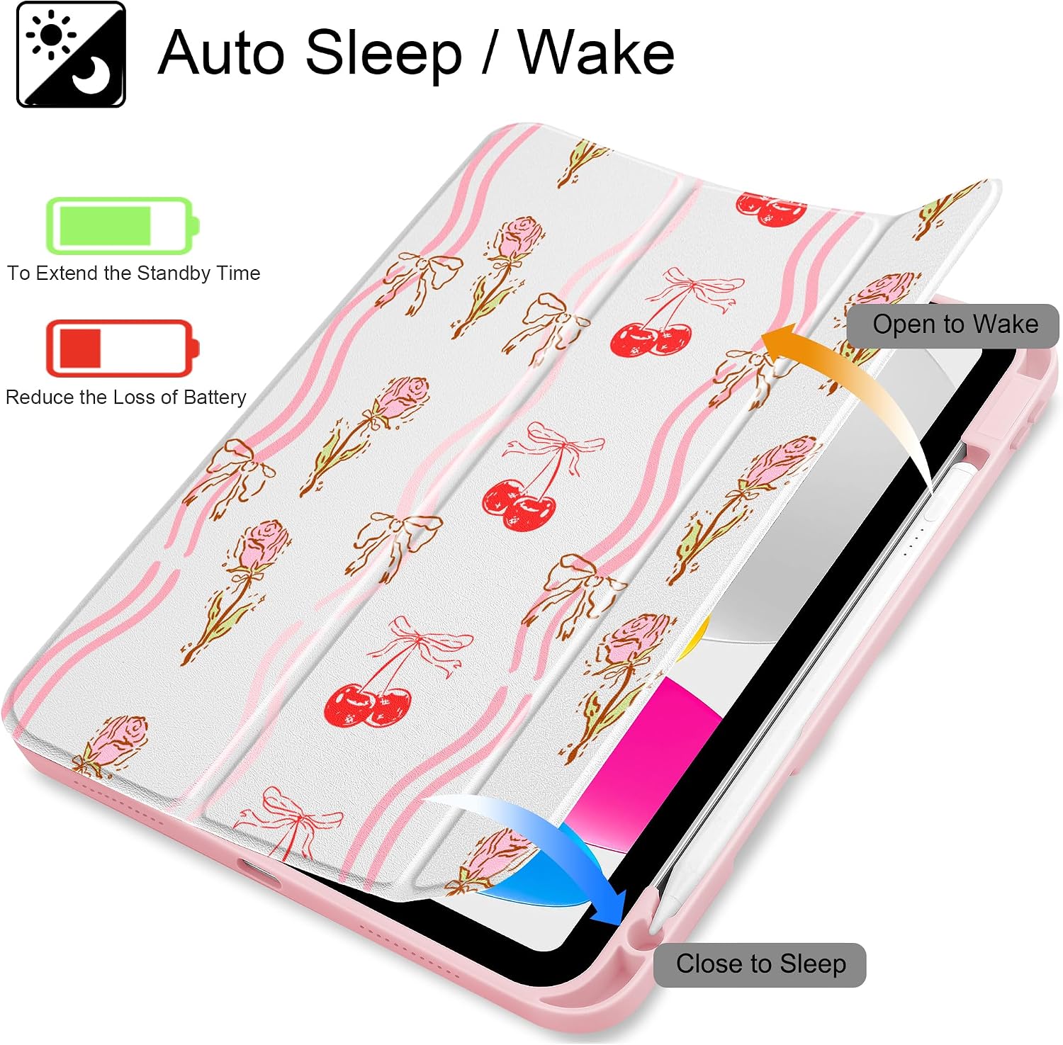 Case for iPad 11 inch A16 2025 Generation 11th / iPad 10.9 inch 2022 10th Gen, Buit in Pencil Holder with Shockproof Cover Clear Transparent Back Shell Auto Wake/Sleep, Cherry Bow image 3