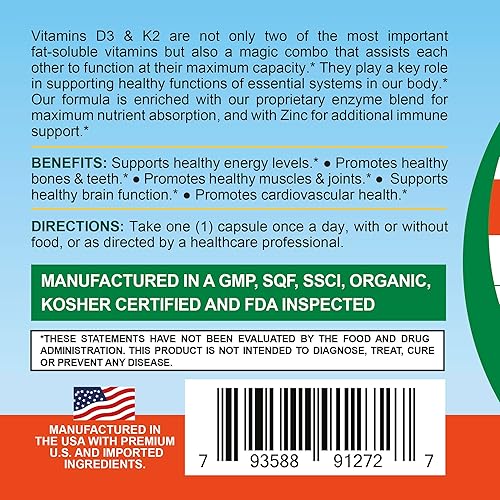 Miniatura 5 de Life Infused Vitamina D3 + K2 sobrecargada con zinc y enzimas, ayuda a mantener un sistema inmunológico saludable, salud ósea, bienestar emocional,