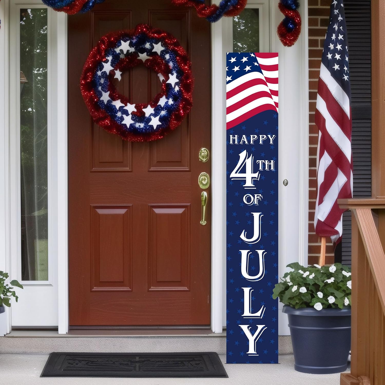 Two Sided 4th of July Porch Sign, 47.2" Wooden Patriotic 250th Independence Day God Bless The USA Front Door Decor, Long Vertical Americana Decorations for Home Entryway Outdoor Yard