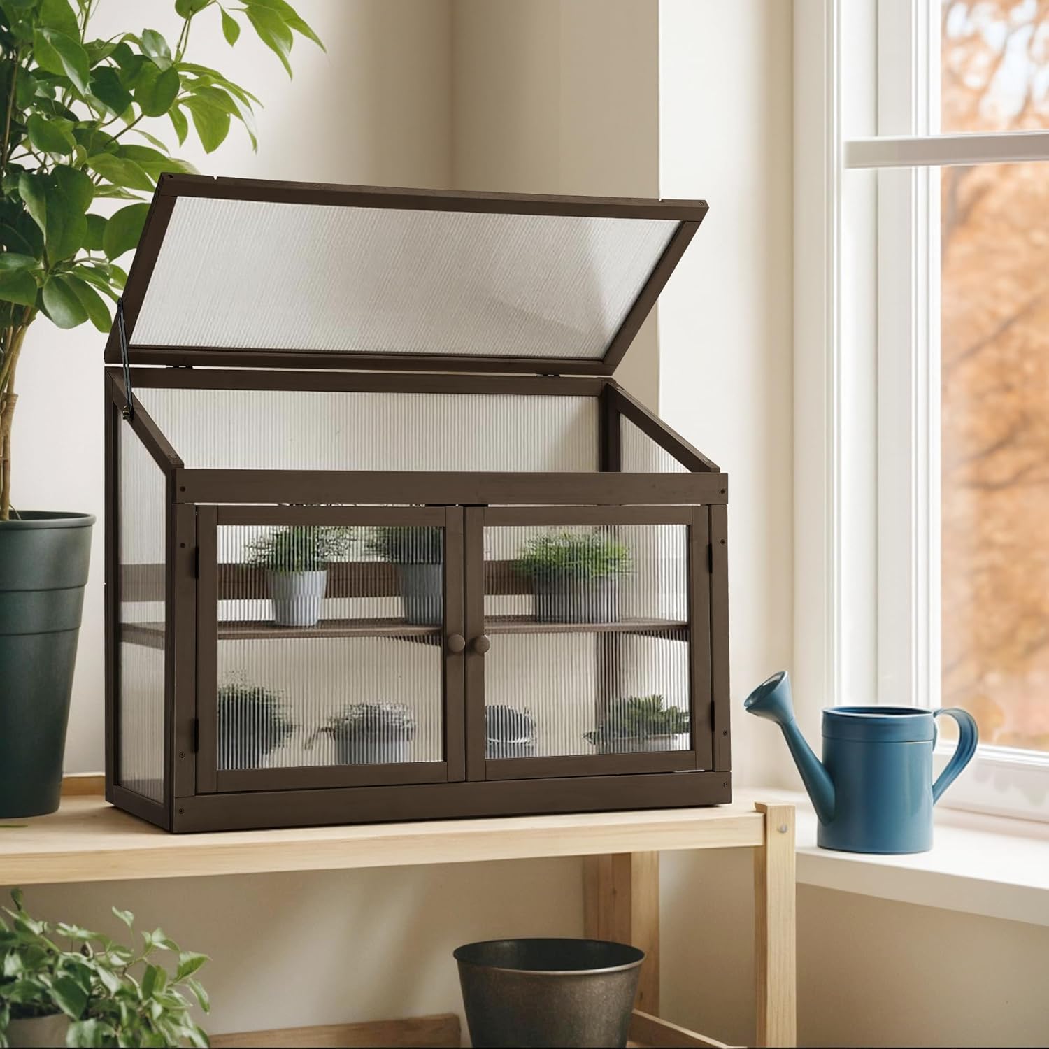 MCombo 2-Tier Wooden Cold Frame Garden Greenhouse Raised Flower Planter Shelf Bed Protection 6057-0160 (Brown)