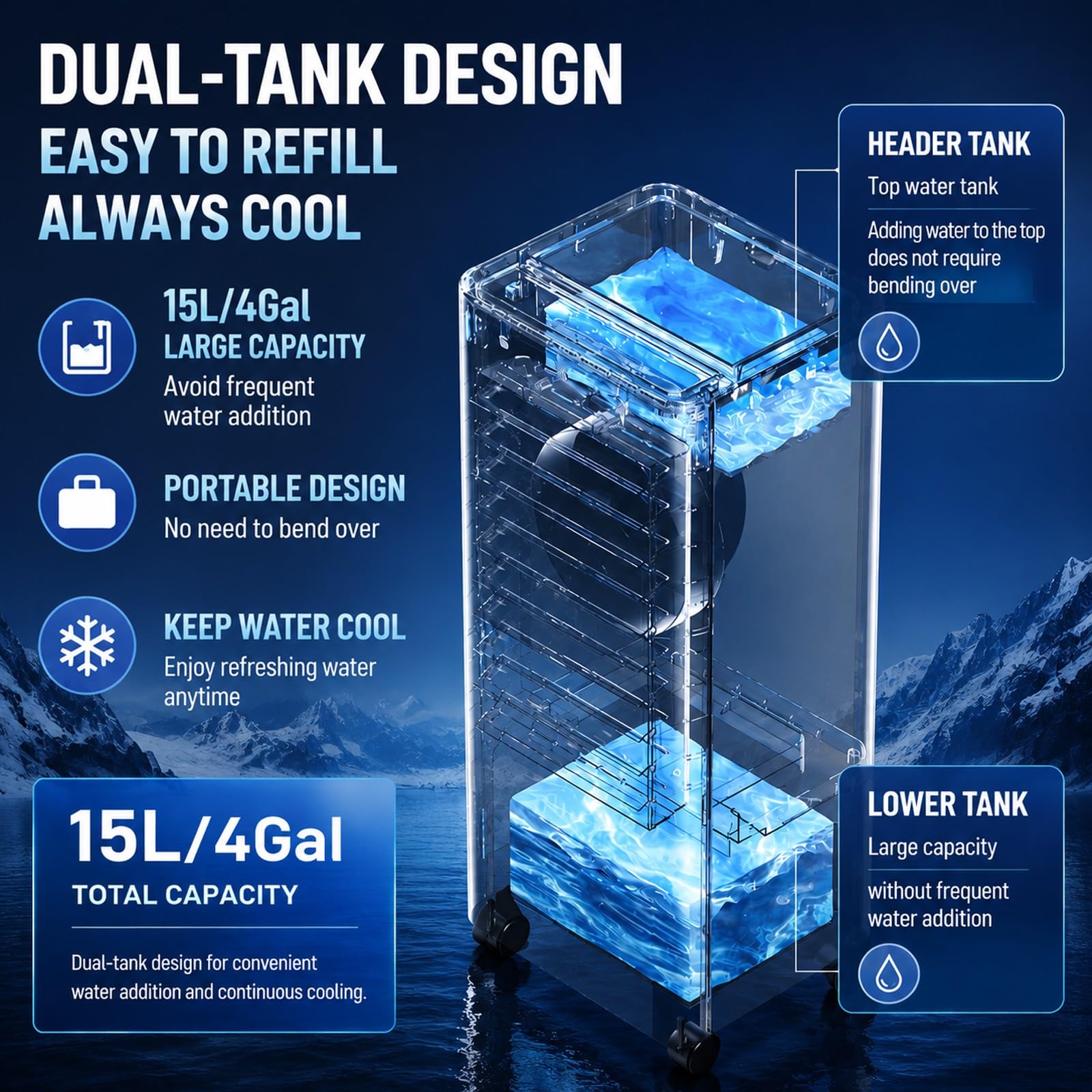 Enfriador de Aire Portatil de 75 W con Control Remoto y 4 Cristales de Hielo, Depósito de 15 L, 3 Velocidades, Temporizador de 7,5 Horas, para el Hogar, Dormitorio y Oficina, 60x27x23cm