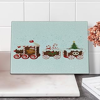 Ambesonne Christmas Cutting Board, Train Gingerbread Cream Candy Cartoon Toys Snowflakes Presents, Decorative Tempered Glass Cutting and Serving Board, Small Size, White Brown Vermilion
